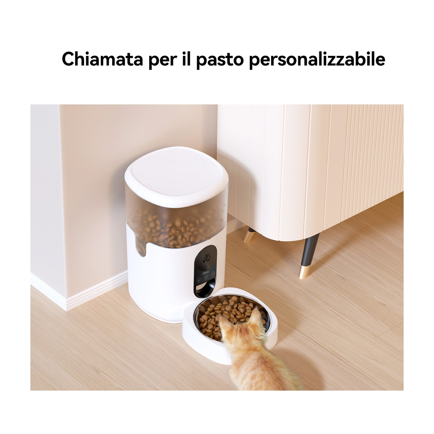 Un distributore di cibo per animali bianco con cibo secco, un gatto che mangia da una ciotola e un armadio bianco.