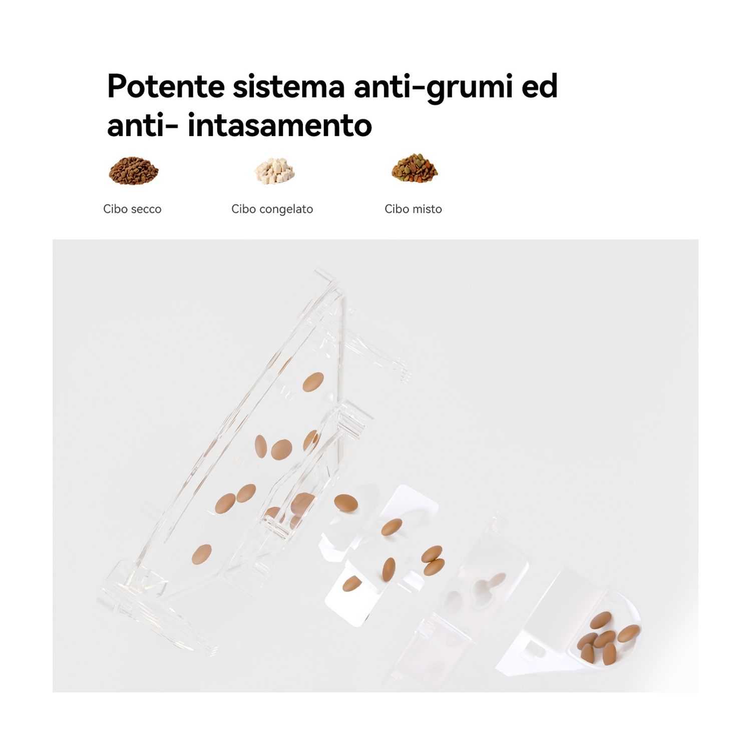 L'immagine mostra un contenitore trasparente con crocchette marroni. Il testo dice 'Potente sistema anti-grumi ed anti-intasamento' con campioni di cibo.