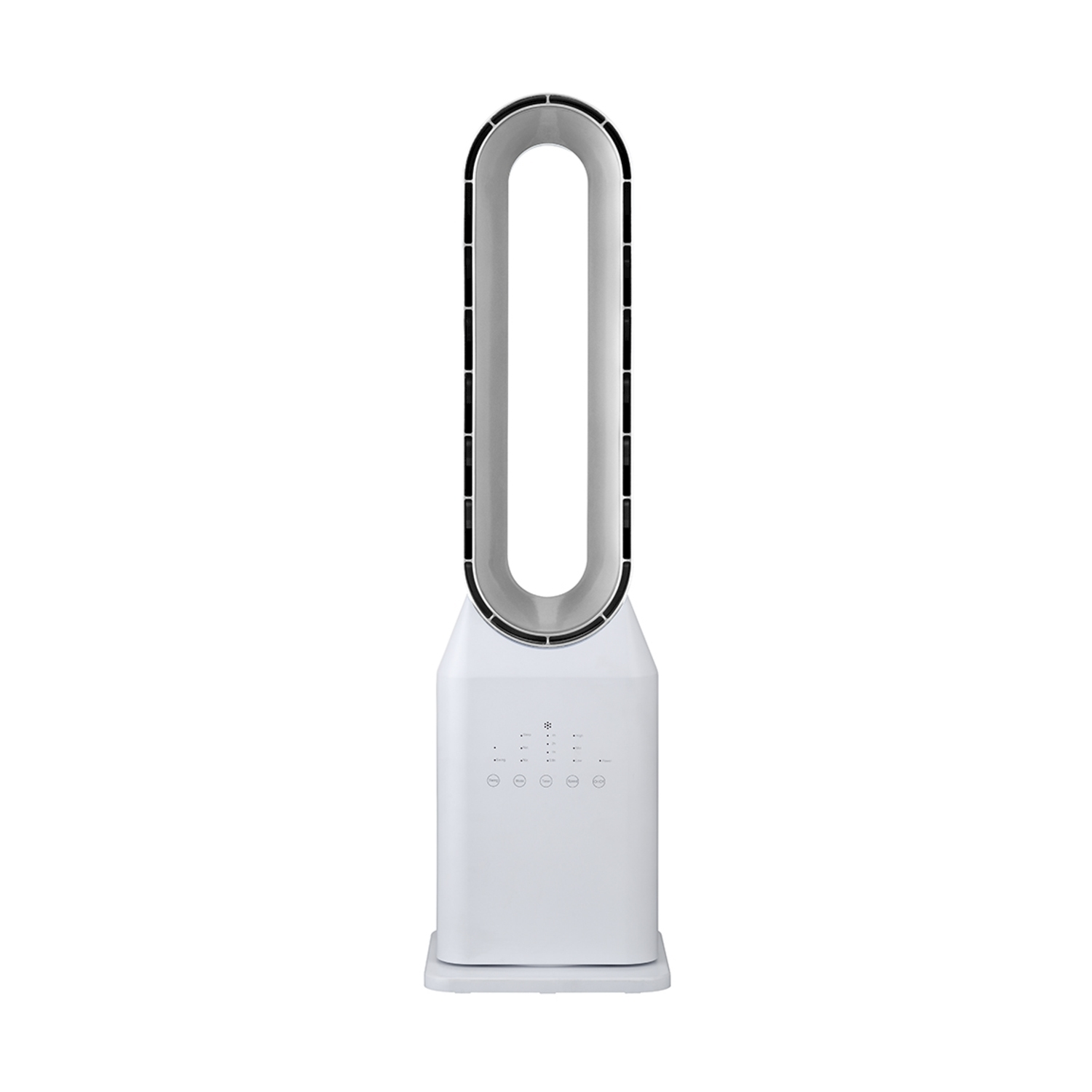 Un ventilatore bianco senza pale. Ha una parte superiore ovale, un pannello di controllo alla base e un'uscita d'aria argentata.