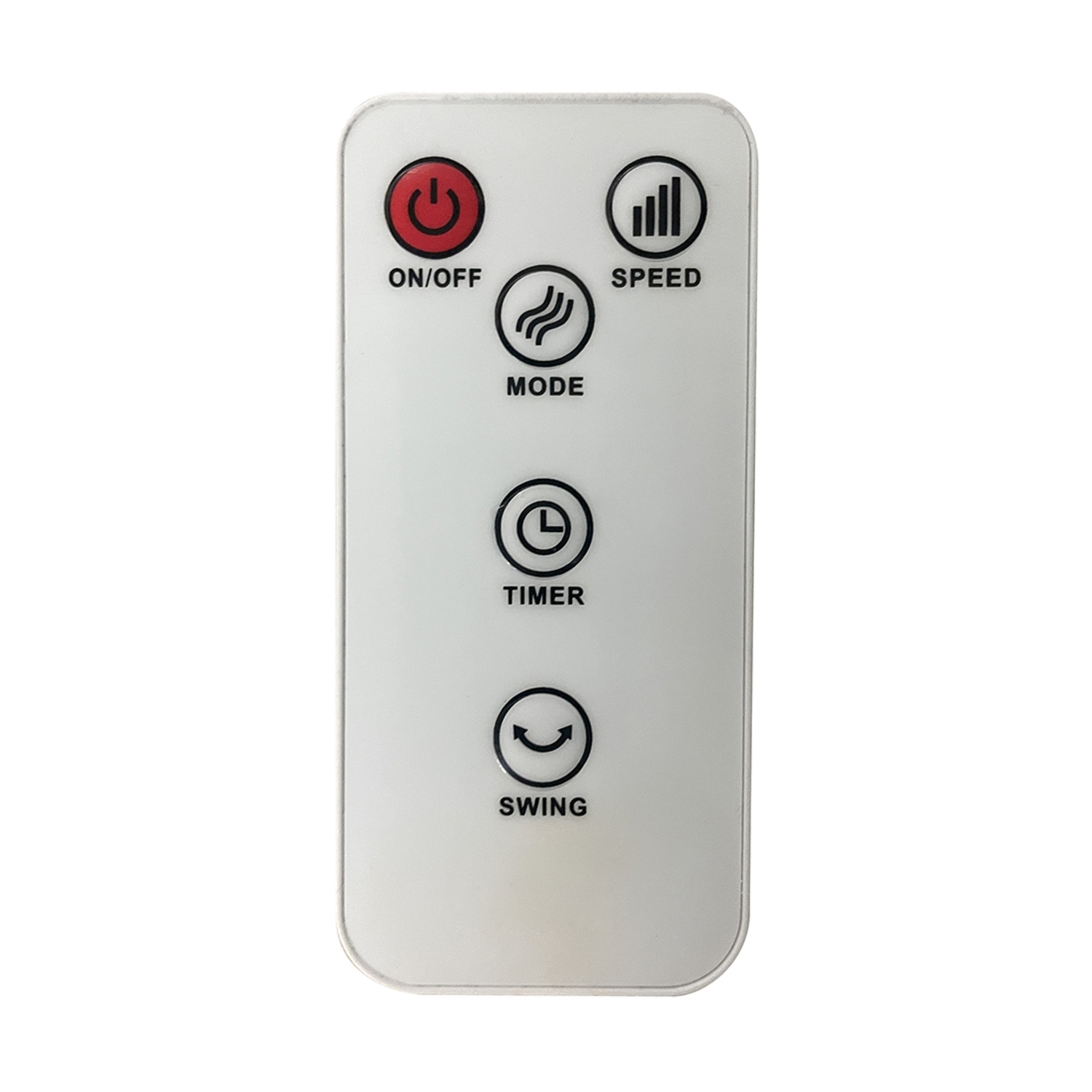 Un telecomando bianco con pulsante di accensione/spegnimento rosso, pulsanti velocità, modalità, timer e swing, isolato su sfondo bianco.