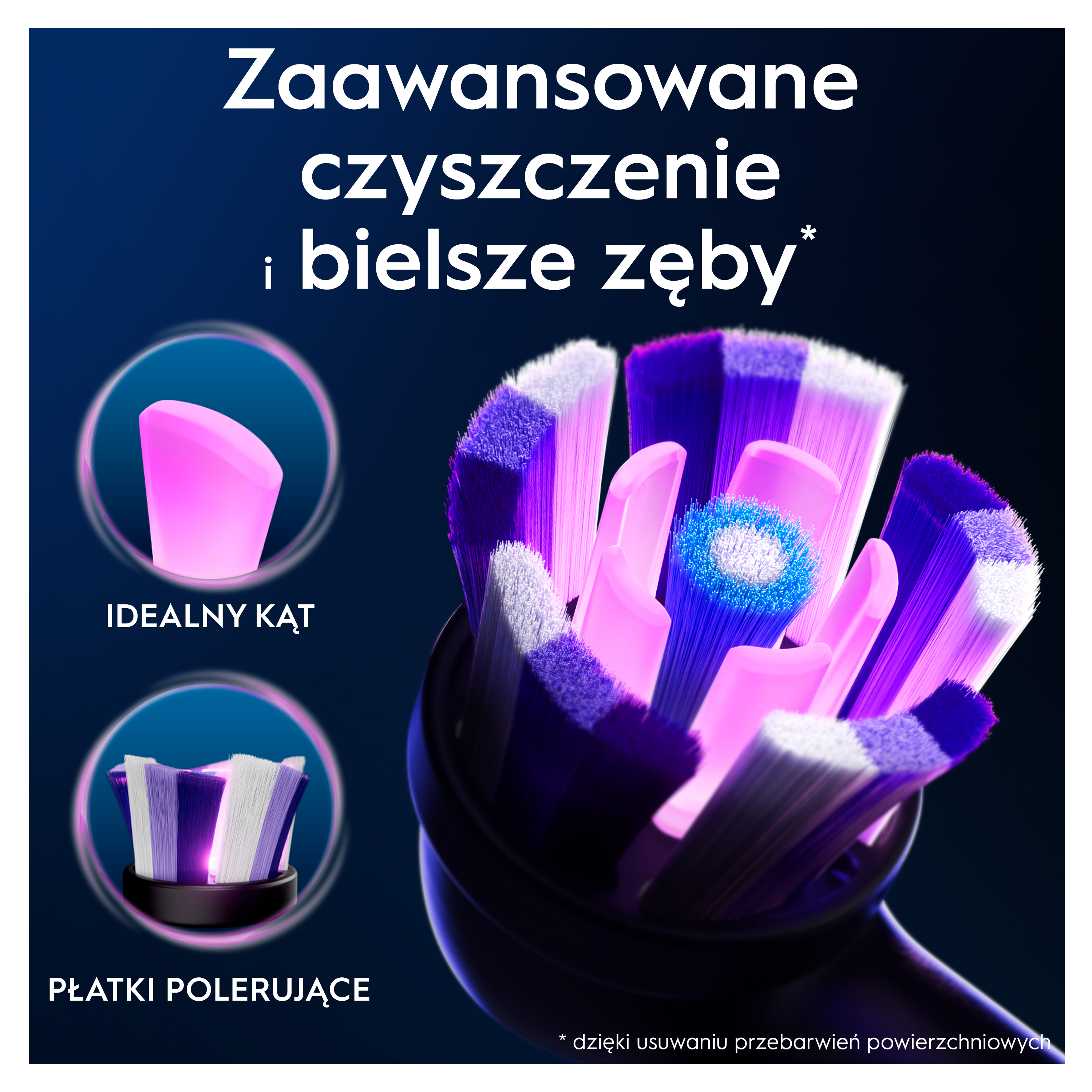 Główka szczoteczki do zębów z fioletowym, białym i niebieskim włosiem. Tekst: Zaawansowane czyszczenie i bielsze zęby. Różowe akcenty.