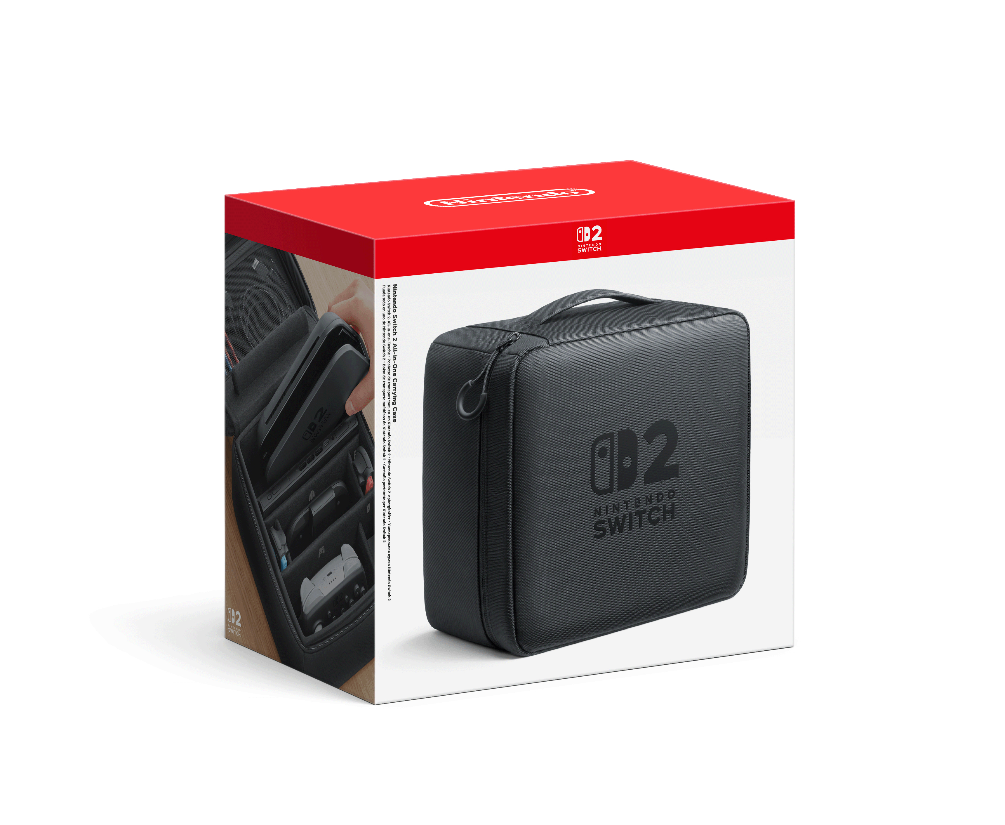 Eine Nintendo Switch 2-Tragetasche wird ausgestellt. Die Box ist rot und weiß. Die Tasche ist schwarz mit dem Nintendo Switch-Logo.