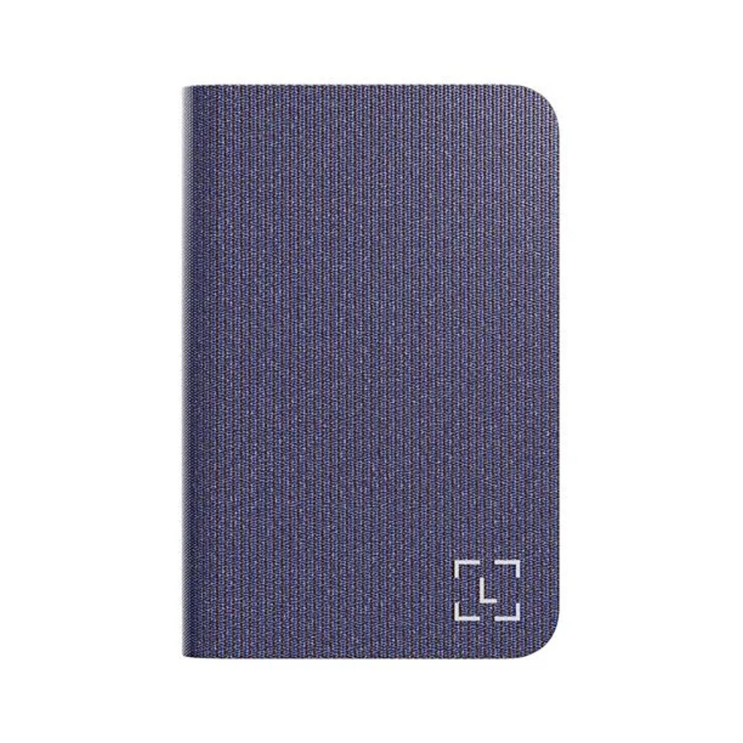 Una custodia per telefono blu, strutturata, con un design quadrato bianco nell'angolo in basso a destra. La custodia è rettangolare con angoli arrotondati.