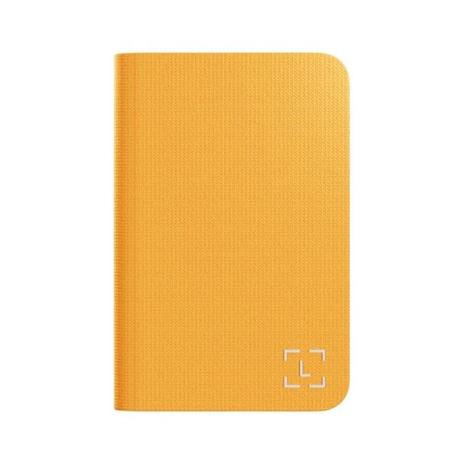 Un taccuino giallo, strutturato, con un angolo arrotondato e un logo bianco nell'angolo in basso a destra.