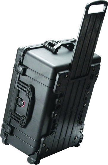 A black rolling suitcase with an extendable handle. It has wheels and a locking mechanism. The background is white.