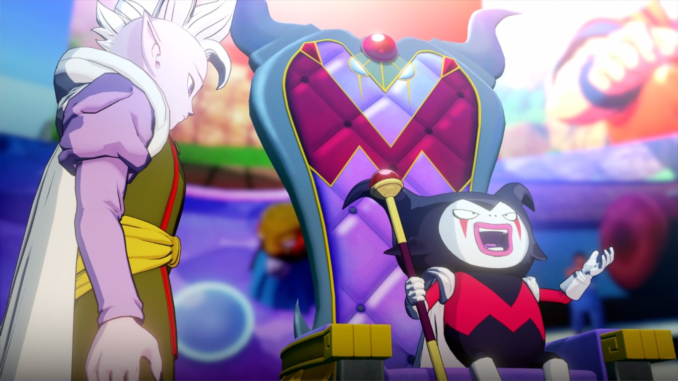 Postać o różowej skórze patrzy na małą postać na tronie. Mała postać trzyma laskę i krzyczy. Tron jest duży.