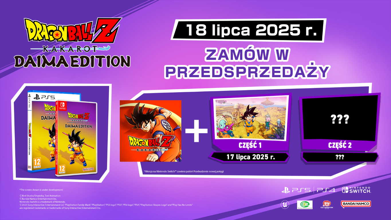 Promocja gry Dragon Ball Z: Daima Edition. Zawiera pudełka z grą, daty premiery i postacie. Zawiera logo PS5, PS4 i Nintendo Switch.