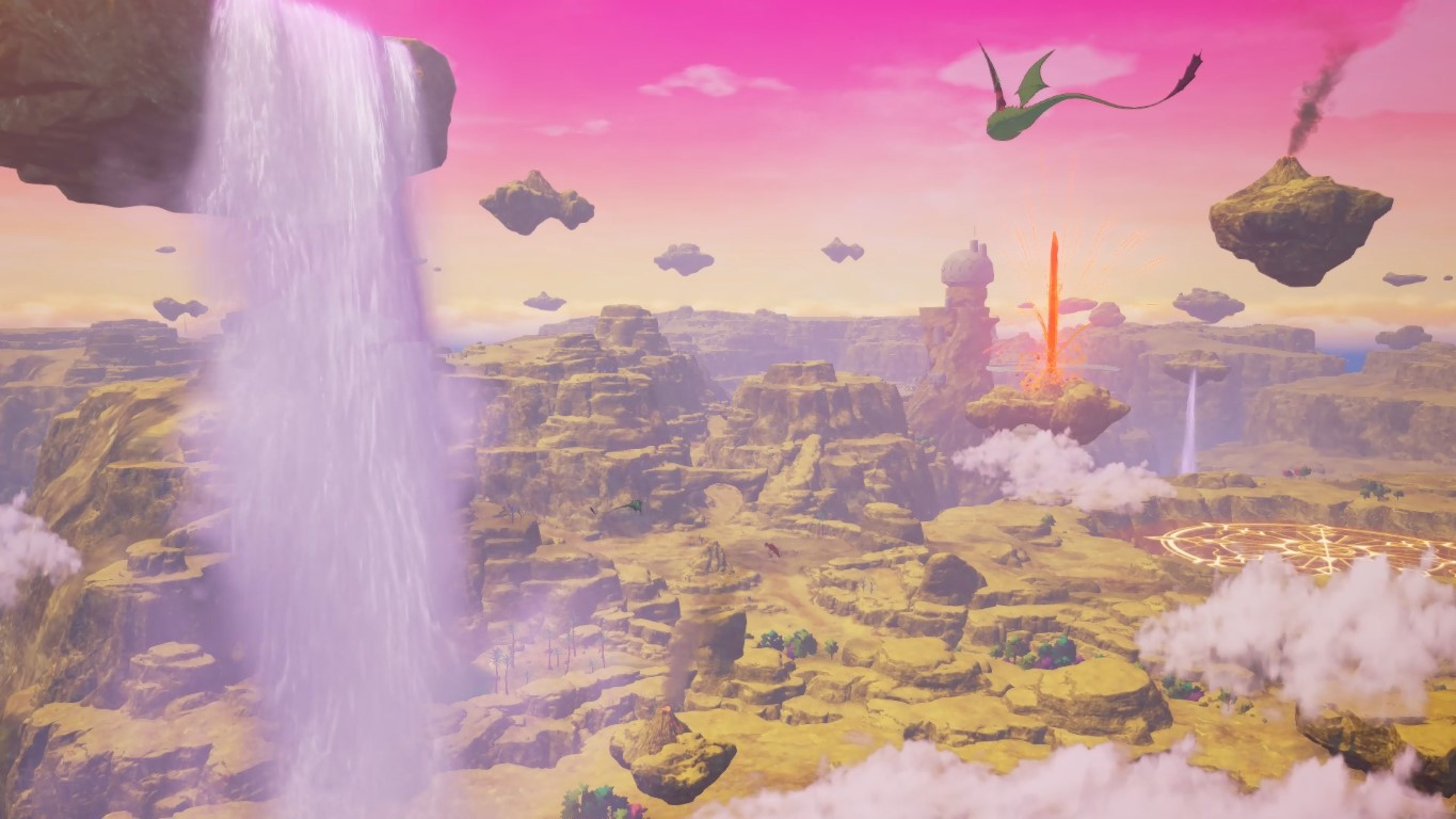 Fantastyczny krajobraz z wodospadami, pływającymi wyspami i różowym niebem. Smoki latają nad skalistym terenem i dziwnymi strukturami.