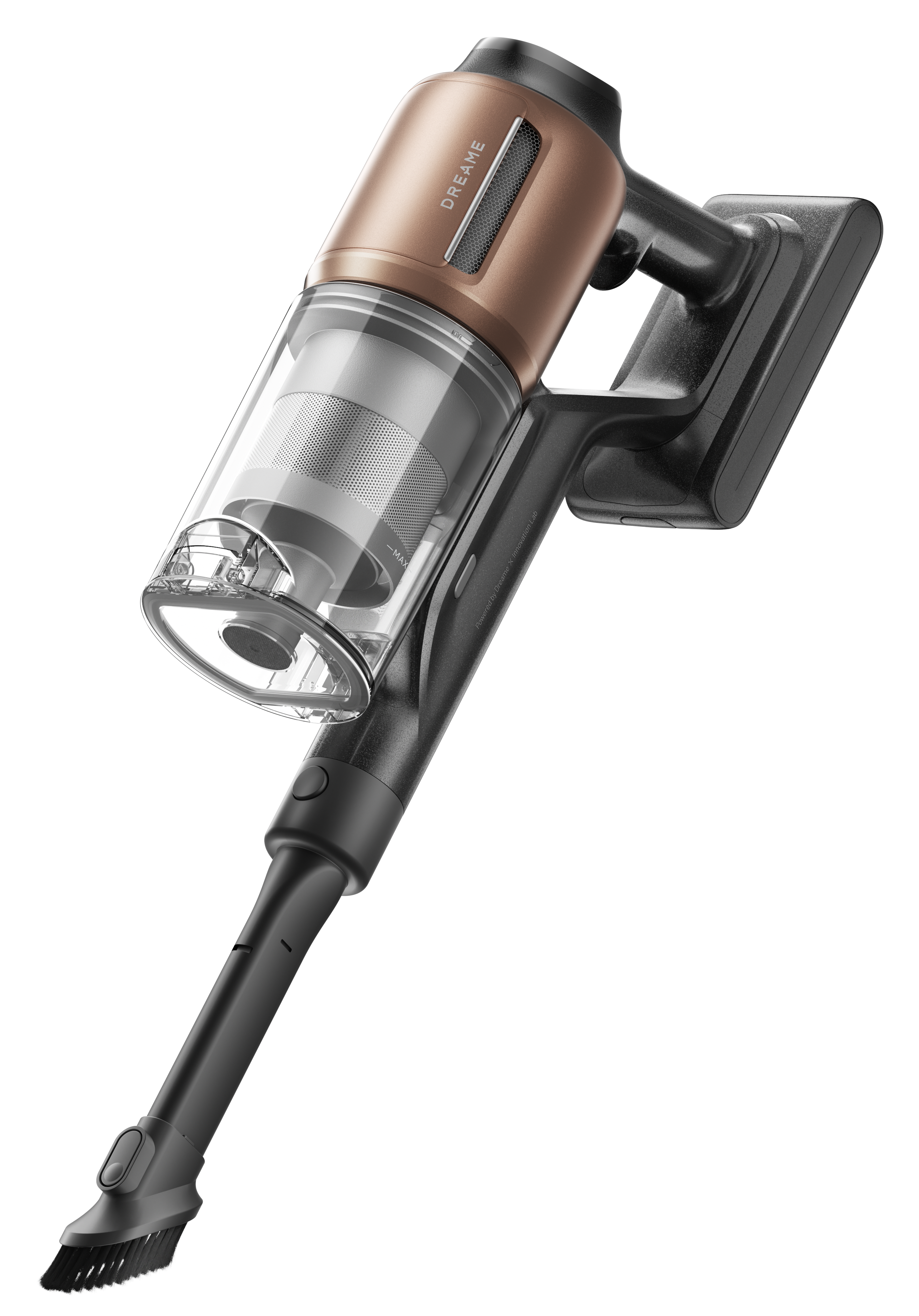 Odkurzacz bezprzewodowy z brązowo-czarnym korpusem, przezroczystym pojemnikiem i nasadką szczotkową.