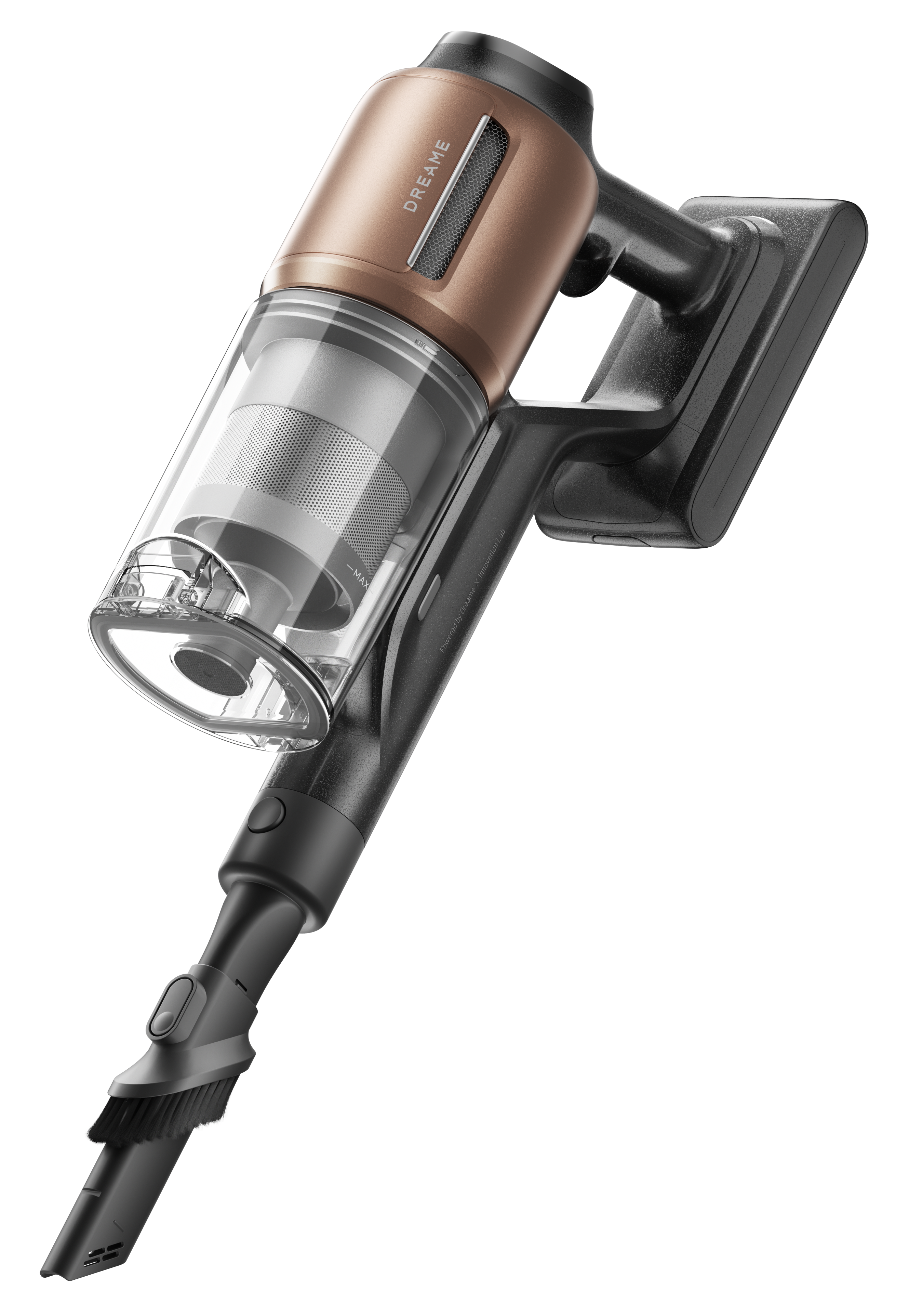 Odkurzacz bezprzewodowy. Ma brązowo-czarny korpus, przezroczysty pojemnik na kurz i szczotkę na dole.