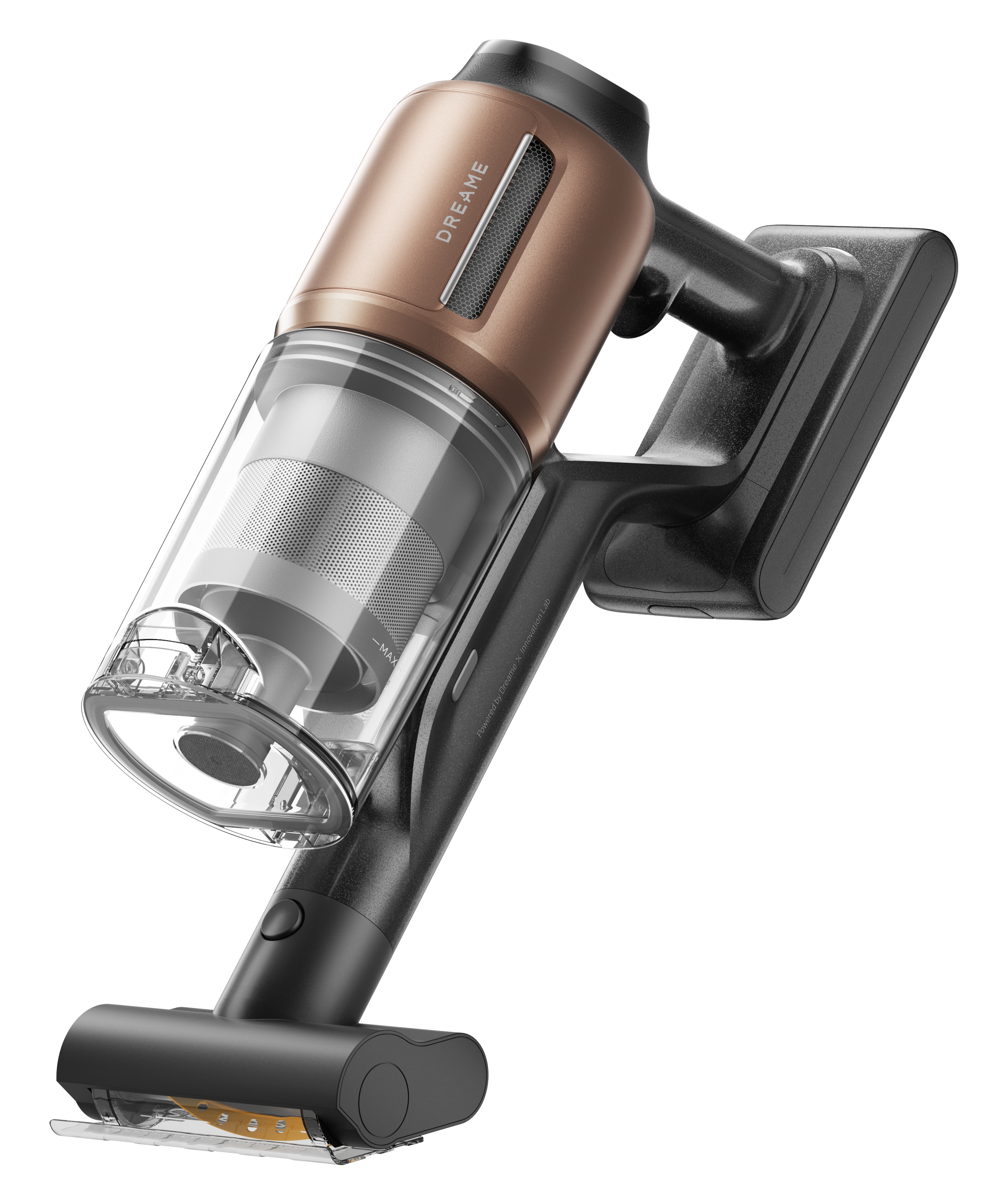 Bezprzewodowy odkurzacz. Jest czarny i brązowy. Widoczny jest przezroczysty pojemnik na kurz. Marka to Dreame.