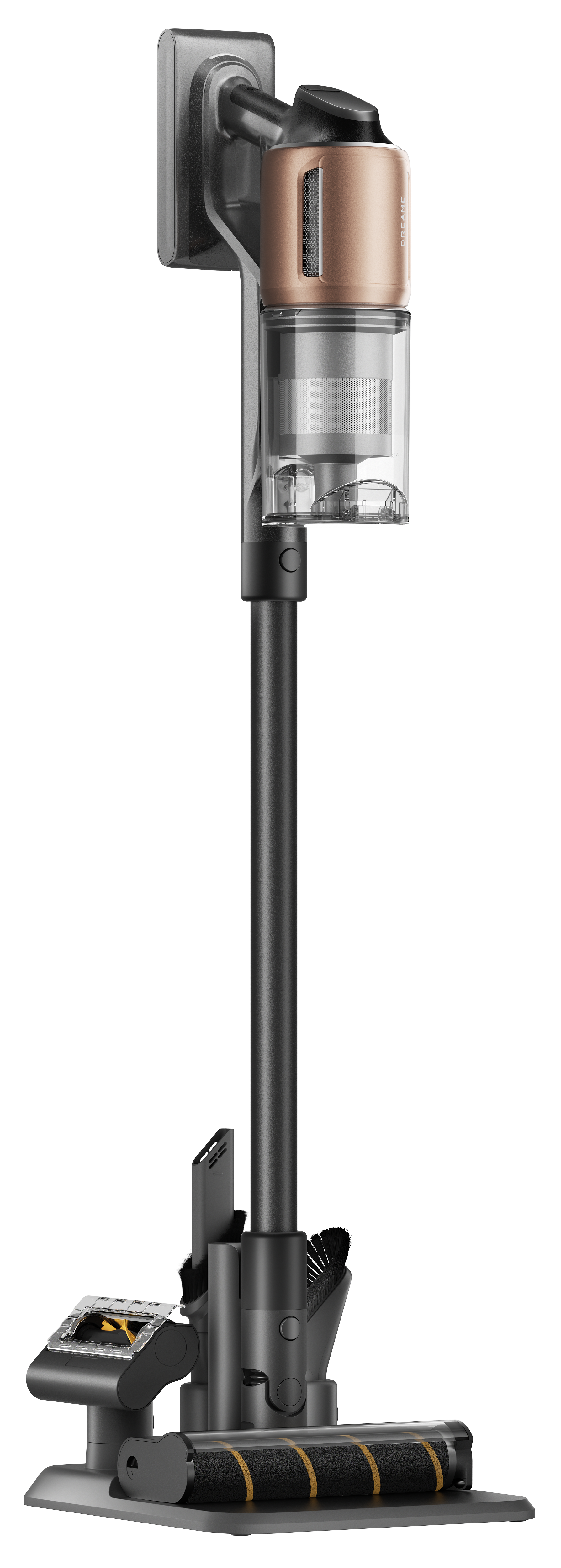 Bezprzewodowy odkurzacz, głównie czarny i brązowy, stoi na podstawie. Akcesoria obejmują szczotki i wałek.