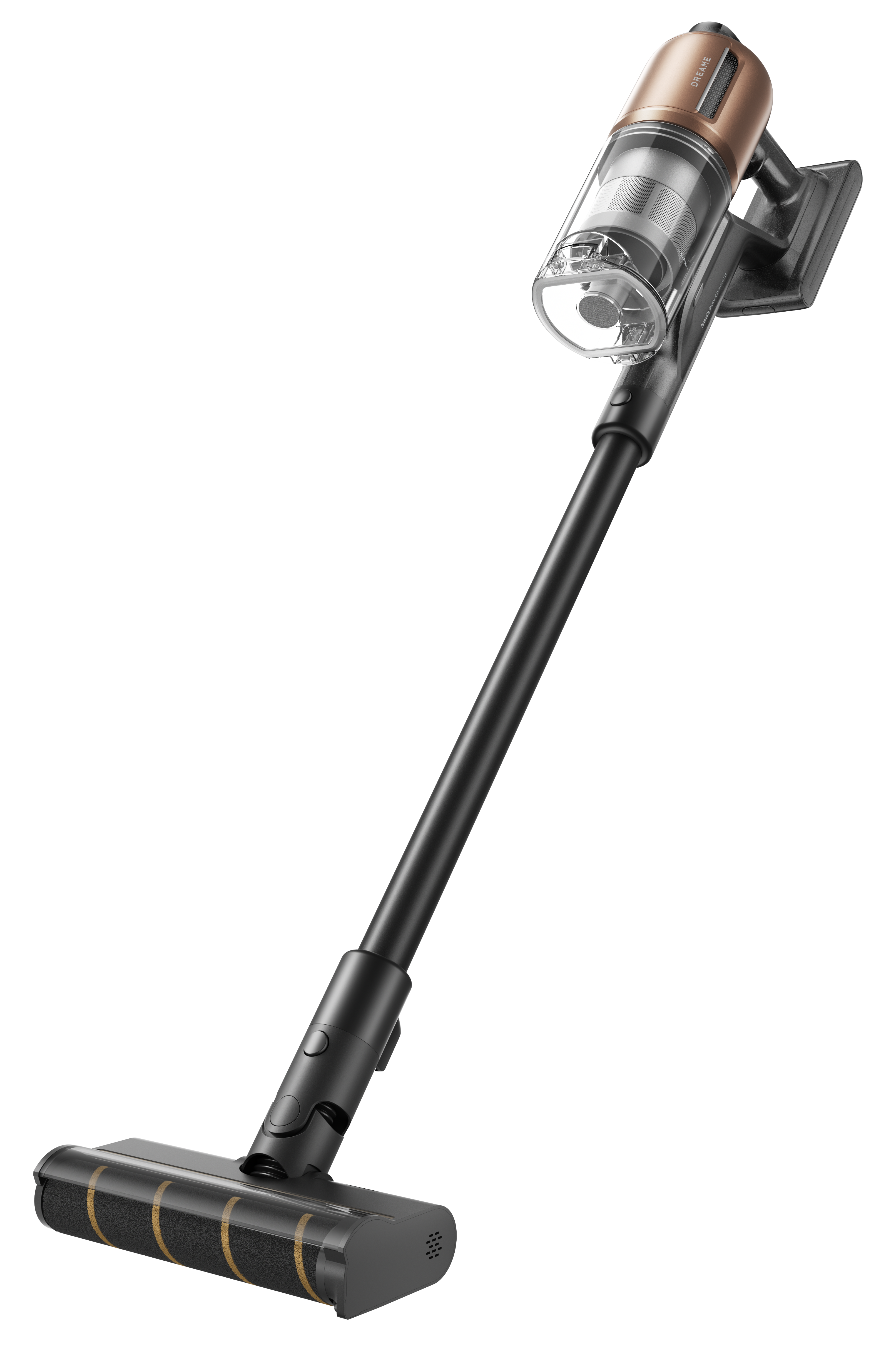 Odkurzacz bezprzewodowy z czarnym uchwytem i głowicą, miedzianym silnikiem i przezroczystym pojemnikiem na białym tle.