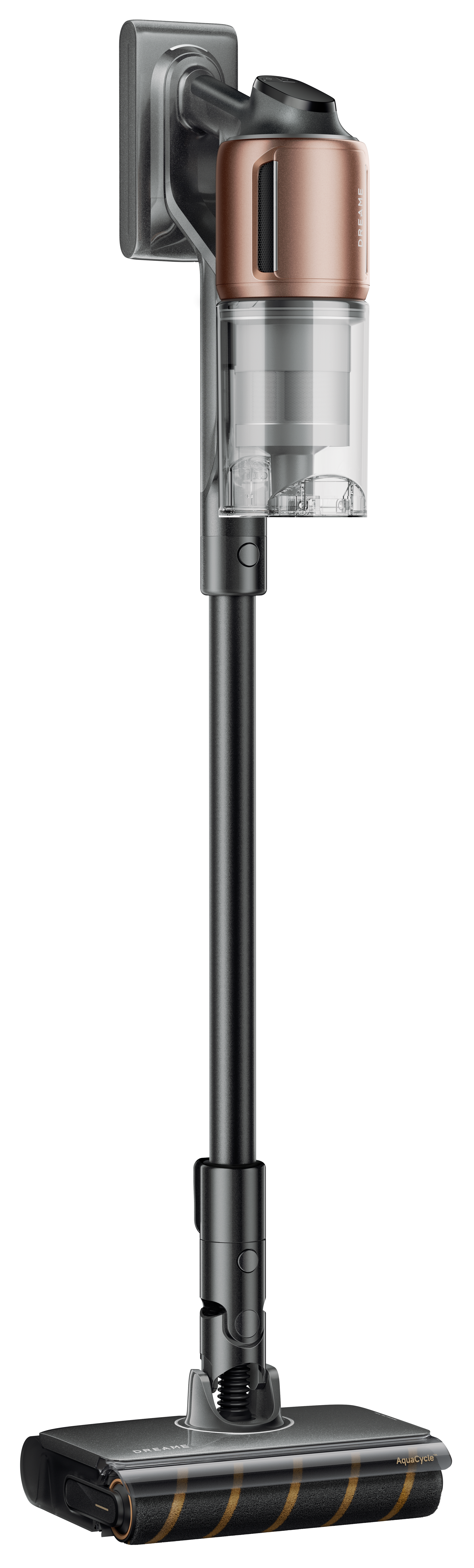 Pionowy odkurzacz. Ma silnik w kolorze miedzi. Uchwyt i głowica są czarne. Białe tło.