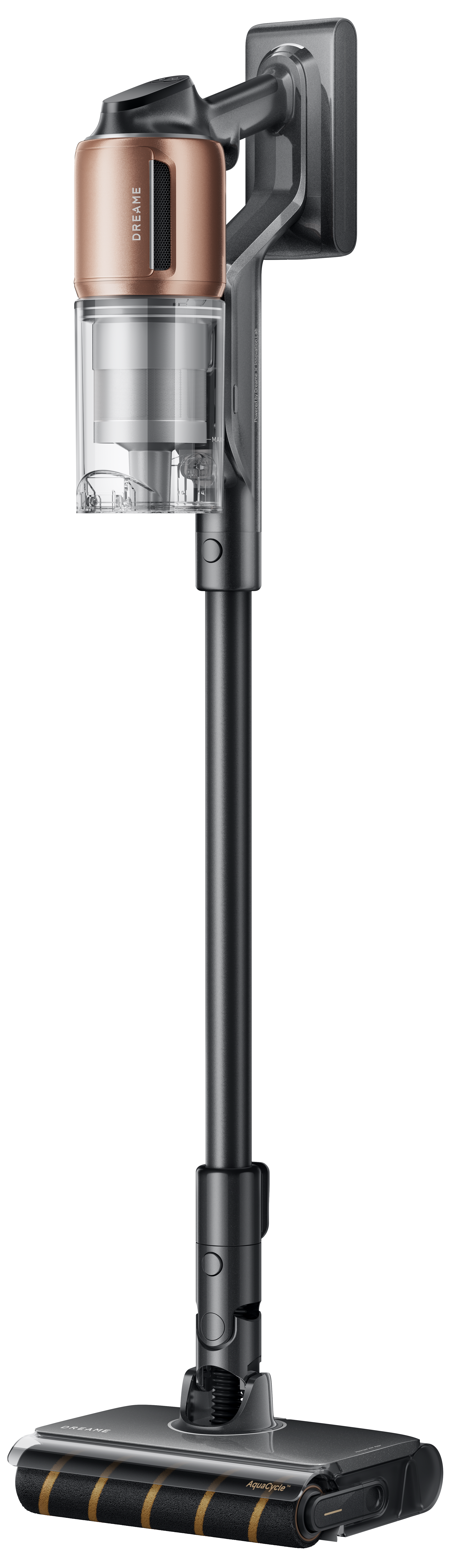 Odkurzacz bezprzewodowy. Ma metalowy korpus, przezroczysty pojemnik na kurz i głowicę szczotkową. Tło jest białe.