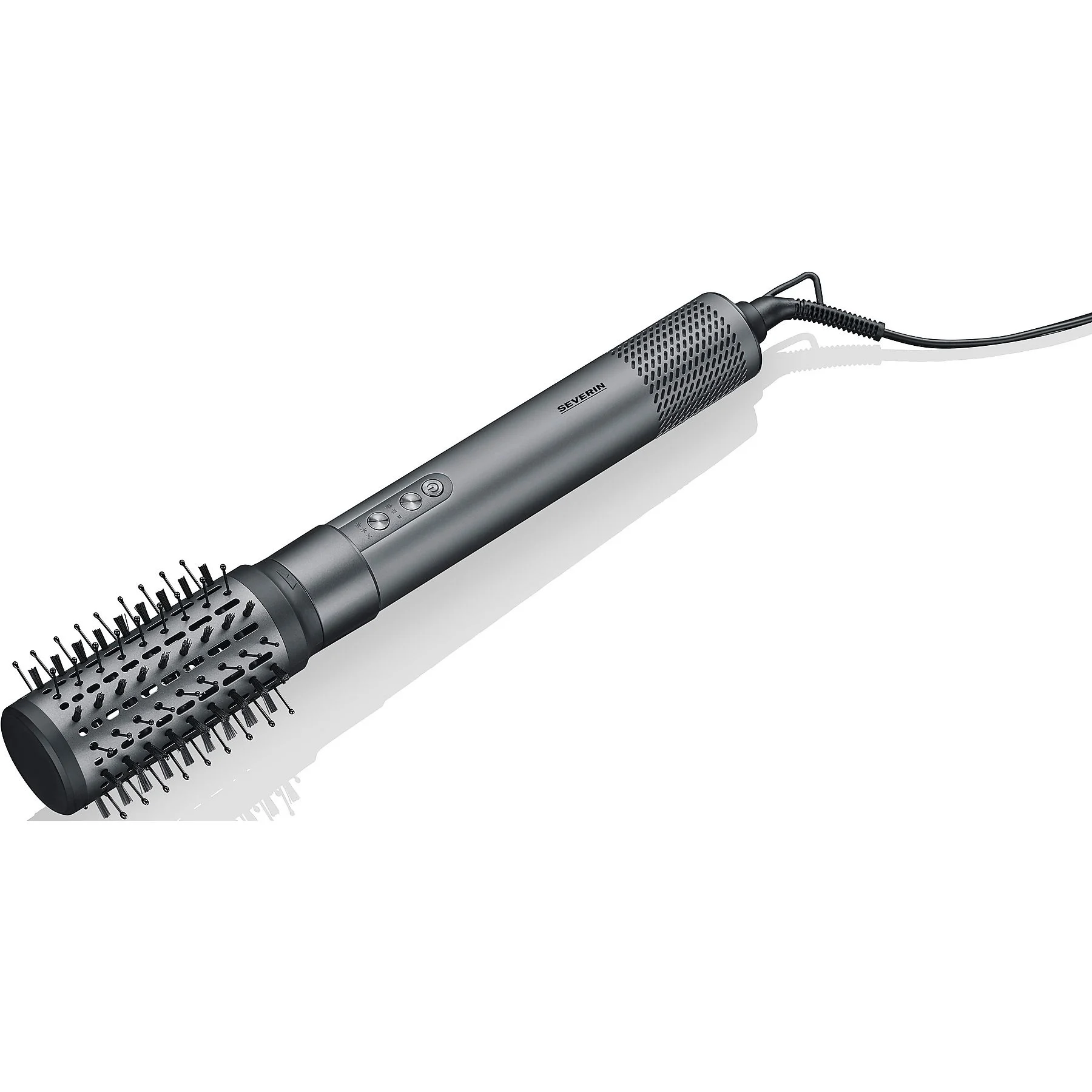 Szara szczotka do stylizacji włosów z marką 'SEVERIN'. Jest na białym tle. Szczotka ma przewód zasilający.