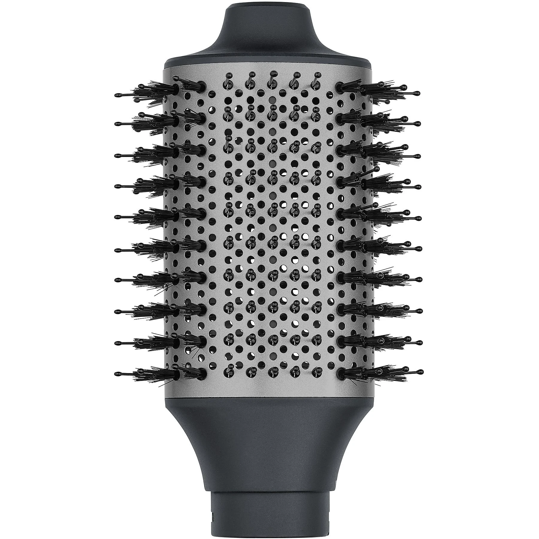 Szczotka do suszarki do włosów z szarą, perforowaną lufą. Czarne włosie wystaje. Uchwyt jest ciemnoszary.