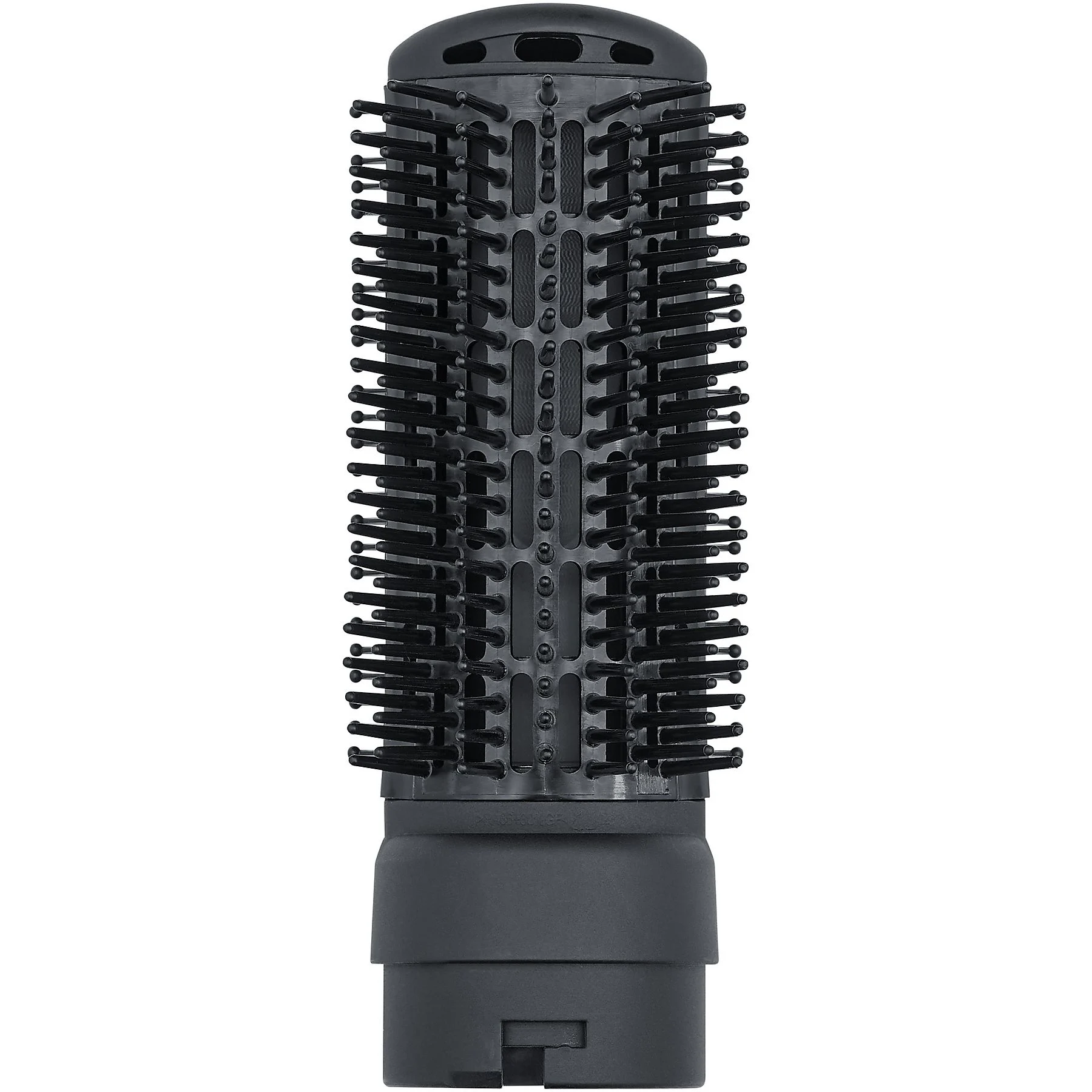Czarny nasadka do szczotki do stylizacji włosów, cylindryczna z wieloma włosiem. Ma zaokrągloną górę i podstawę ze złączem.