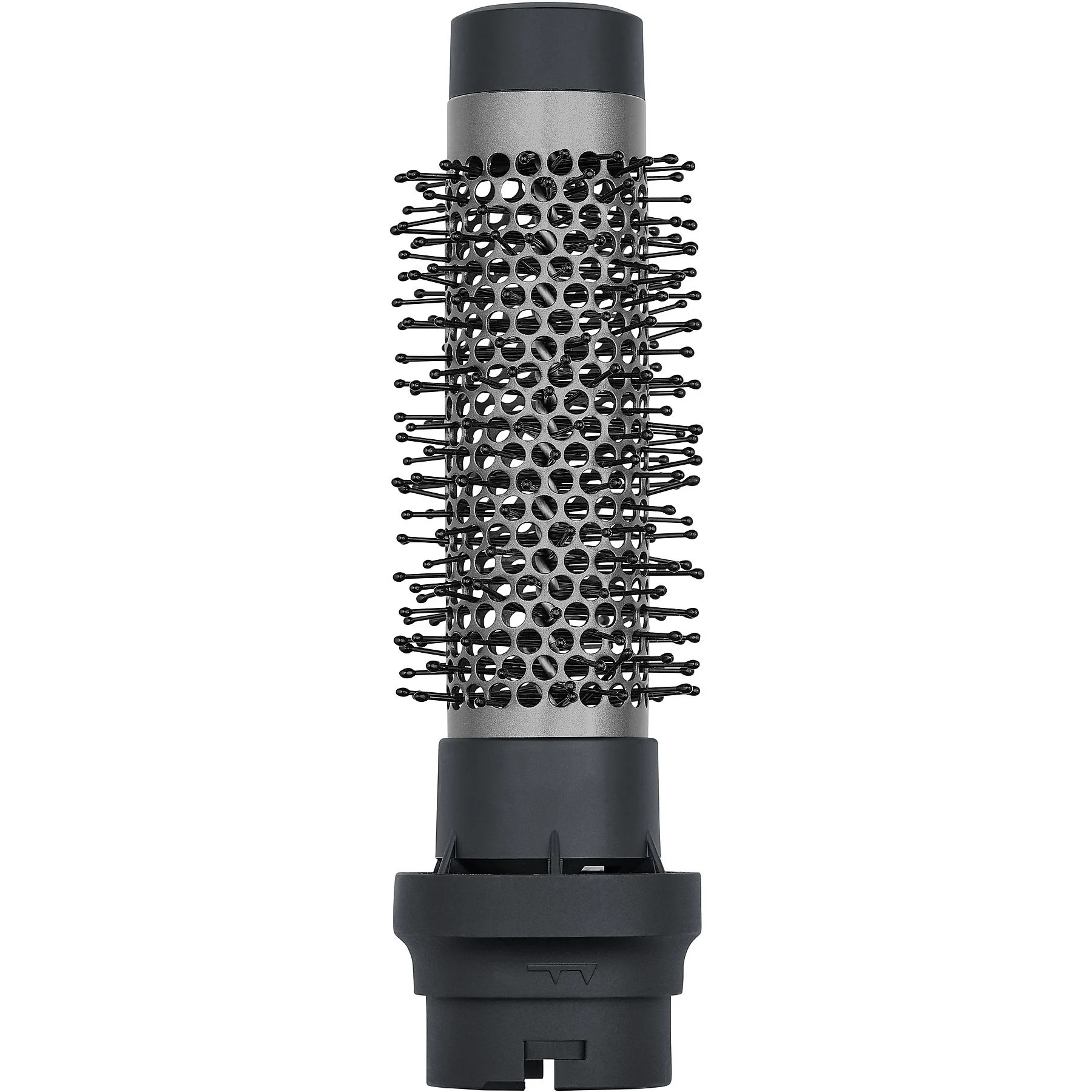 Nasada szczotki do stylizacji włosów. Ma szarą cylindryczną lufę z czarnym włosiem i czarną podstawą.