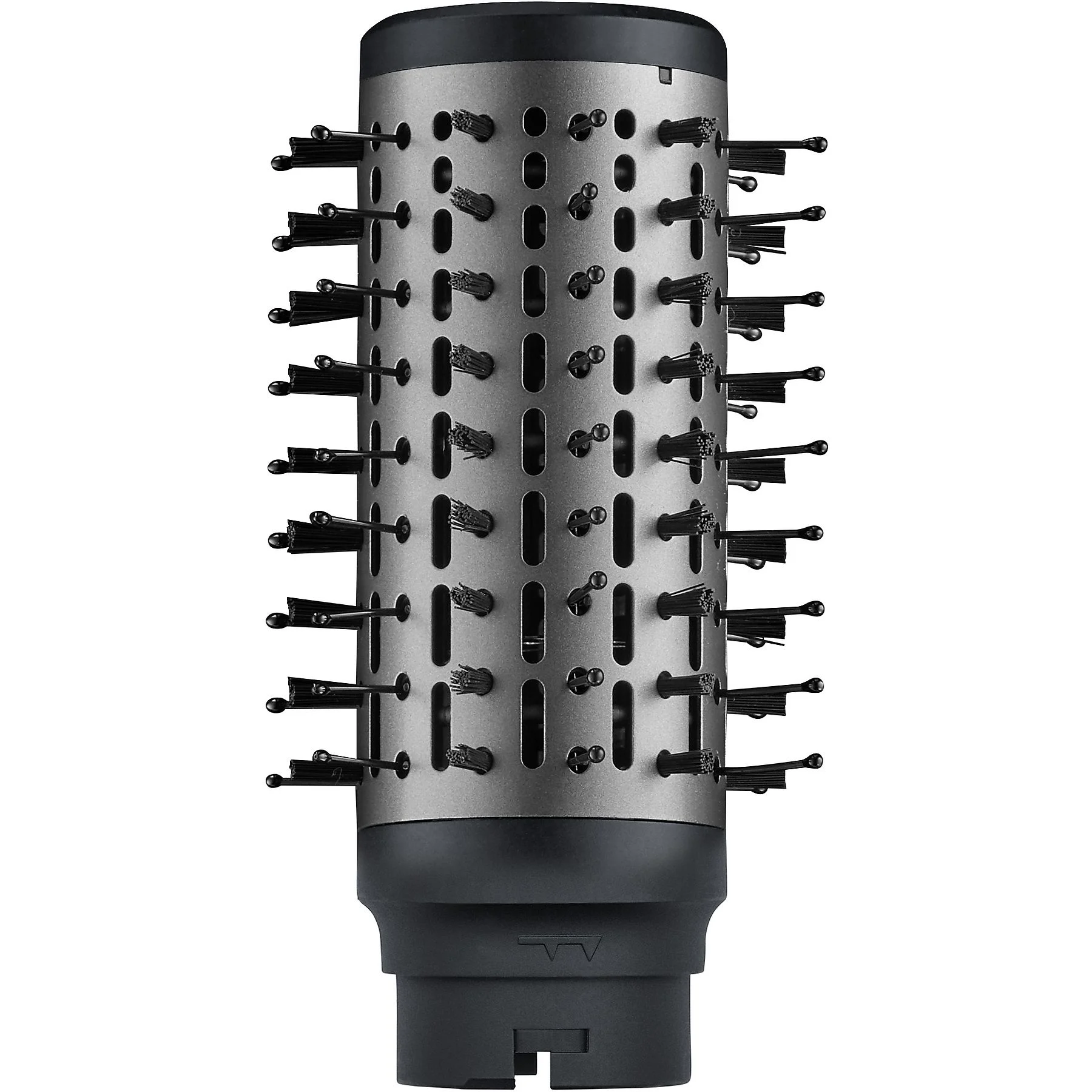Cylindryczna głowica szczotki do suszarki do włosów z szarym metalowym korpusem, czarnym włosiem i czarną plastikową podstawą.