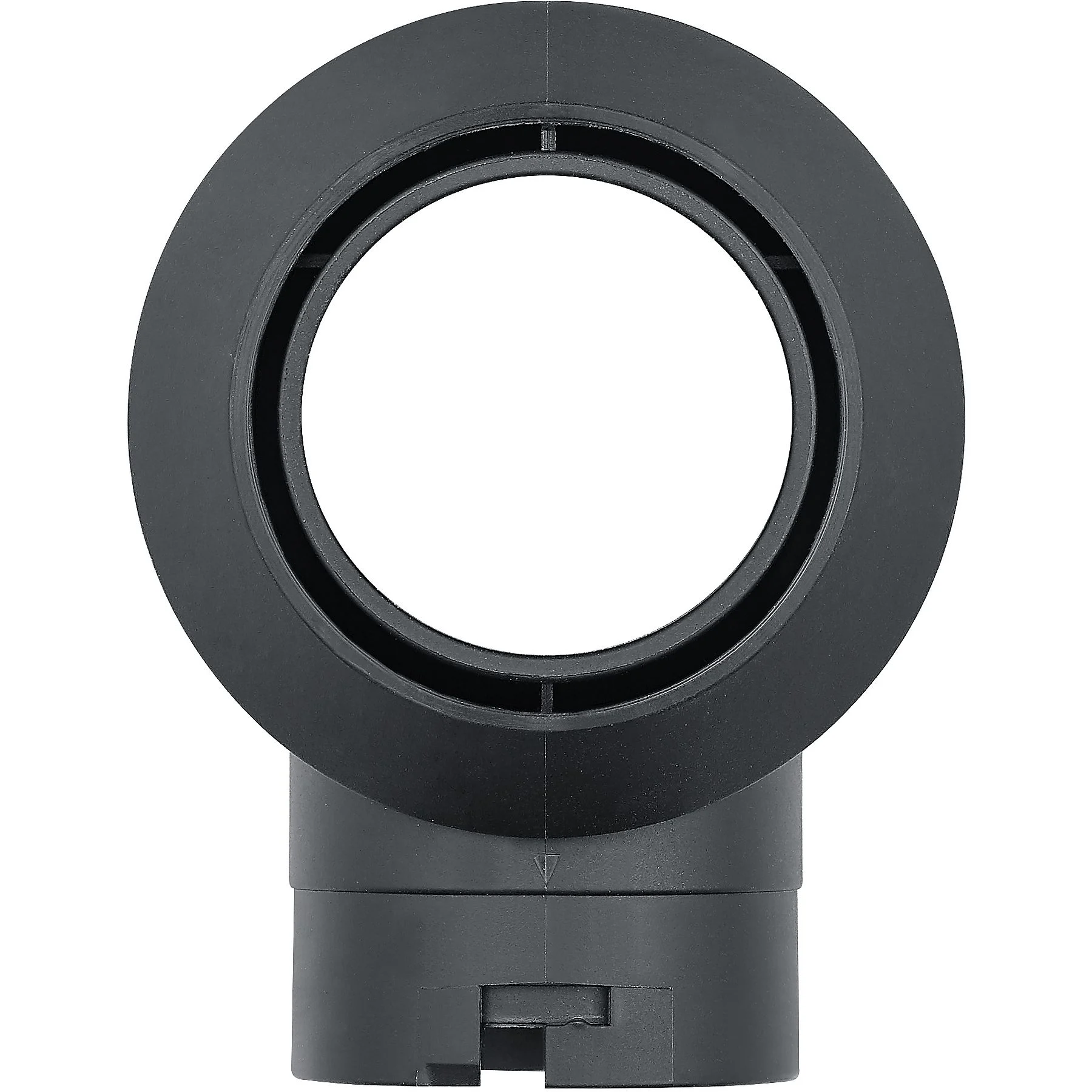 Czarny plastikowy okrągły obiekt z otworem pośrodku i cylindryczną podstawą, na białym tle.