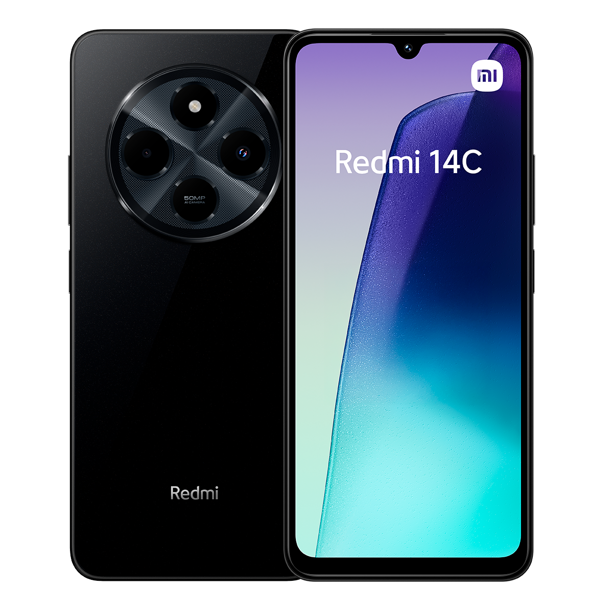 Smartphone negro con triple cámara y pantalla Redmi 14C. El teléfono es negro con el logotipo de Redmi en la parte inferior.