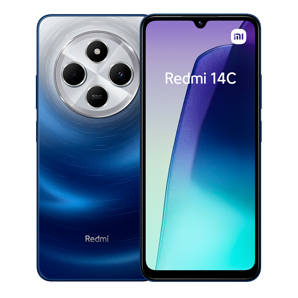 Un teléfono Redmi 14C azul. Tiene un módulo de cámara circular con cuatro lentes en la parte trasera. La pantalla muestra el nombre del teléfono.