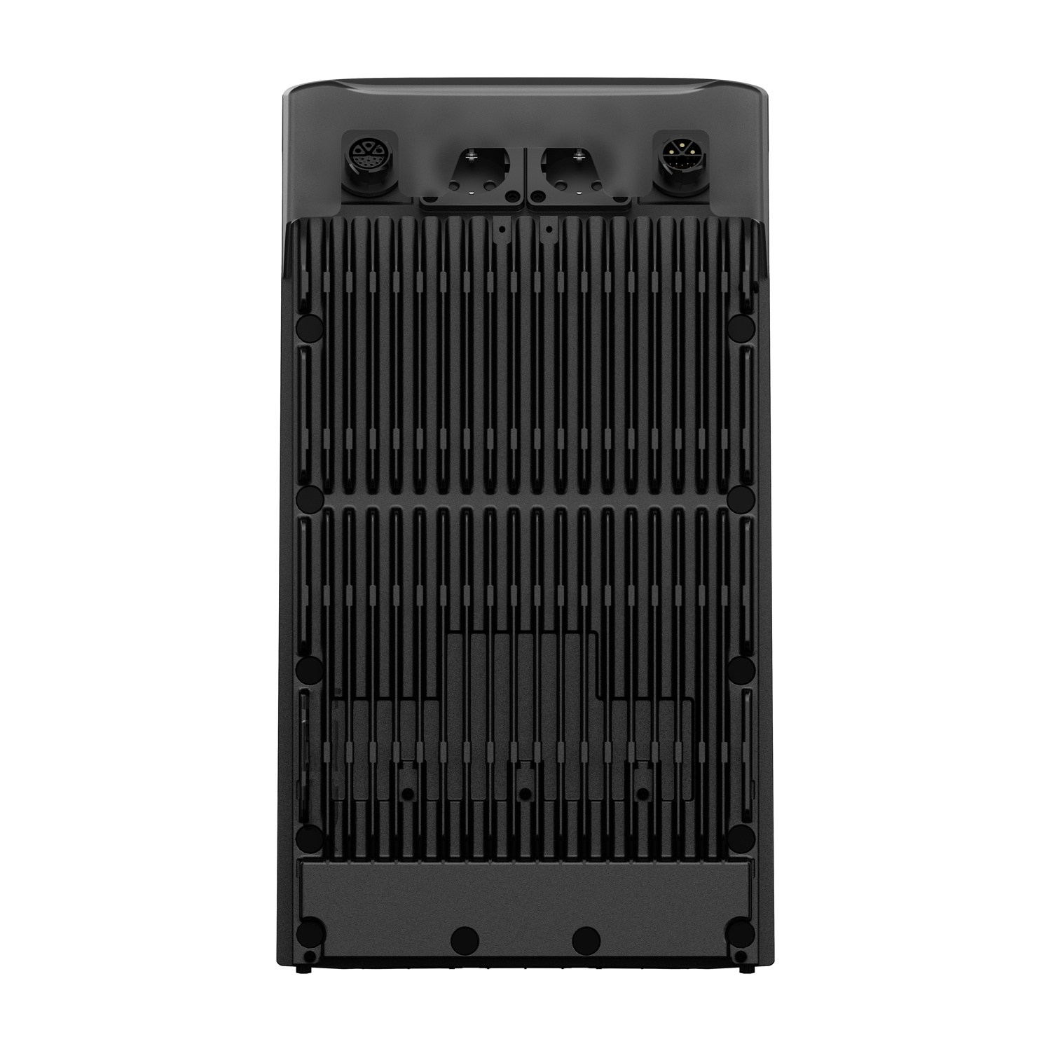 Dispositivo elettronico nero con linee verticali e connettori in alto. Ha una forma rettangolare ed è su sfondo bianco.