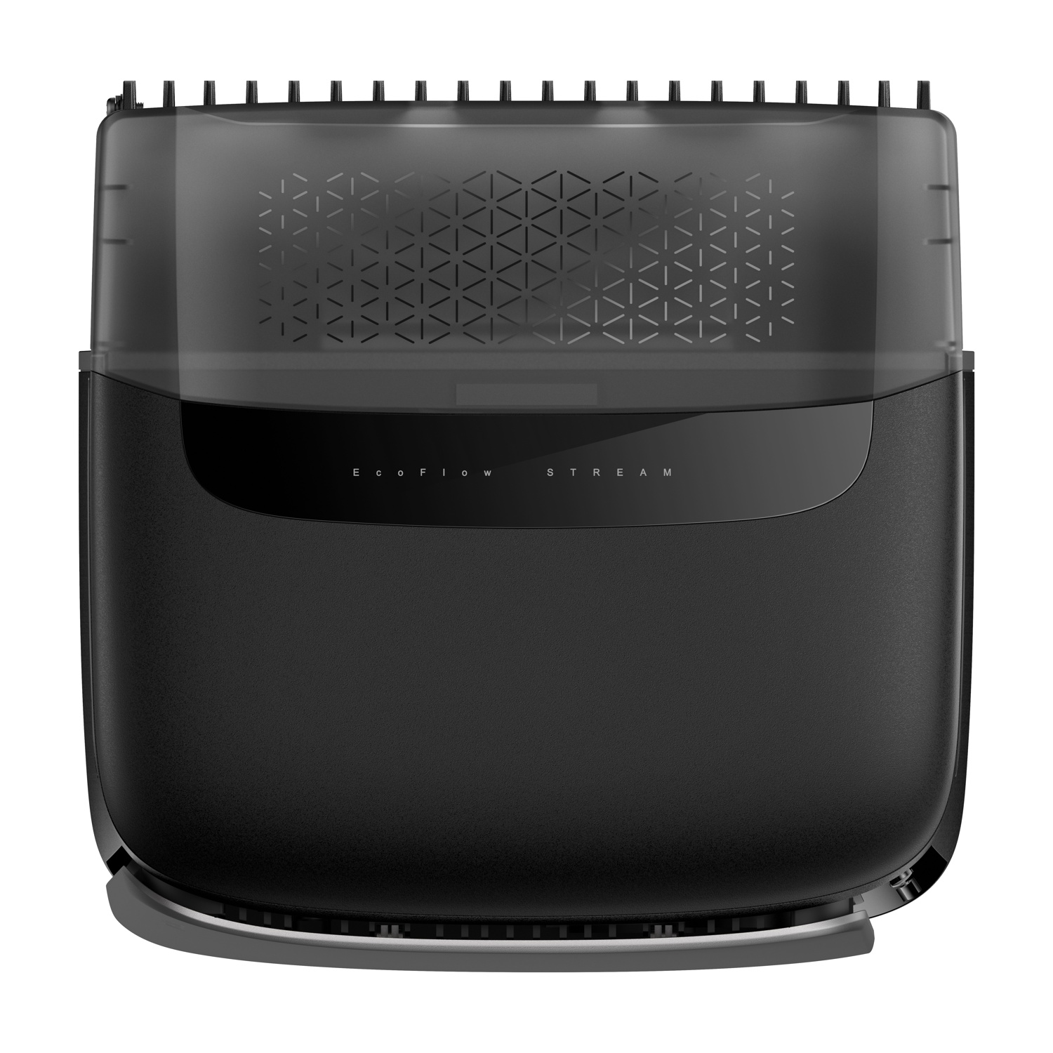 Un dispositivo EcoFlow Stream nero. Ha una sezione superiore trasparente scura con un design a motivi e la parola STREAM.