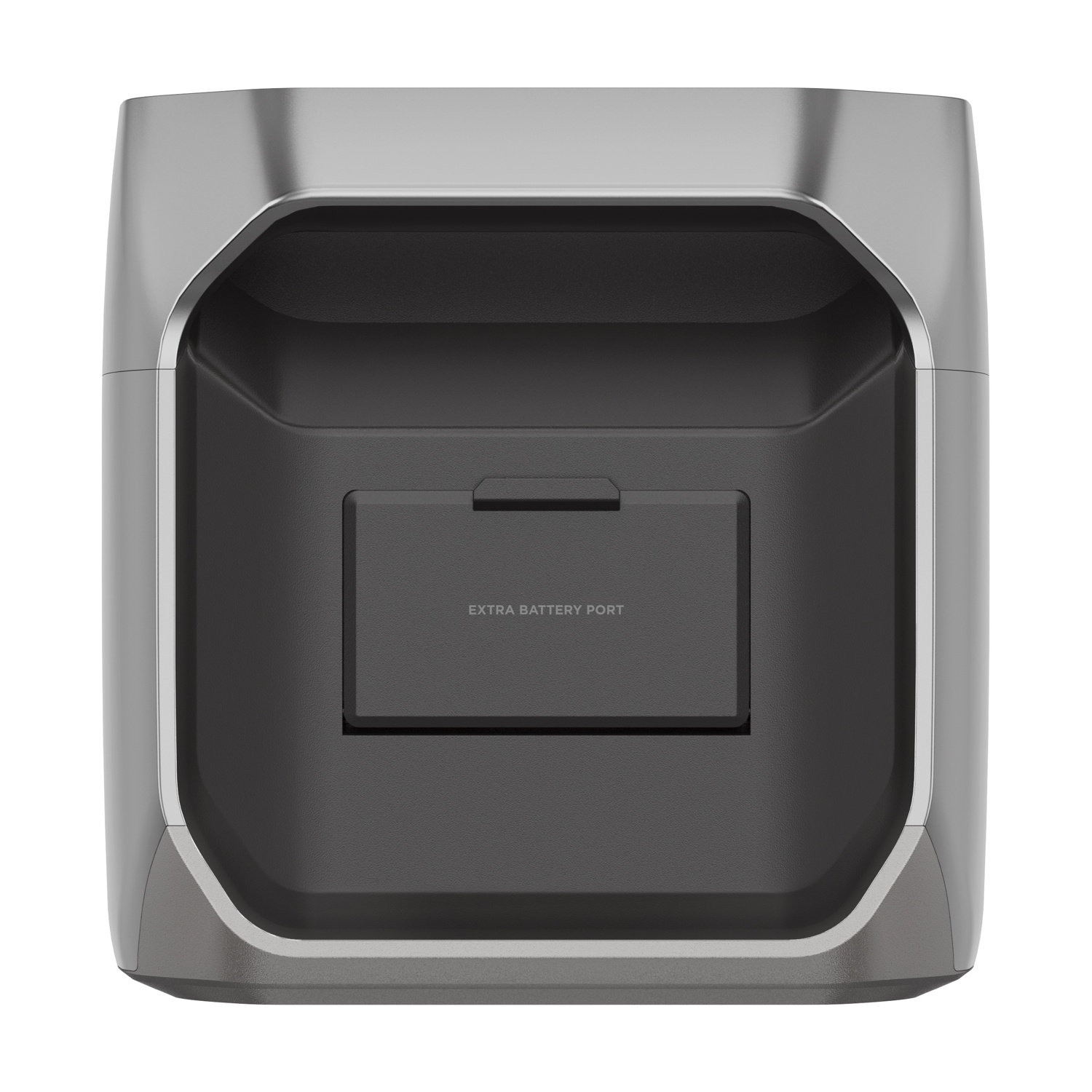 Un dispositivo argentato e grigio, con un'area incassata grigio scuro con l'etichetta 'EXTRA BATTERY PORT'. Il dispositivo ha bordi arrotondati.