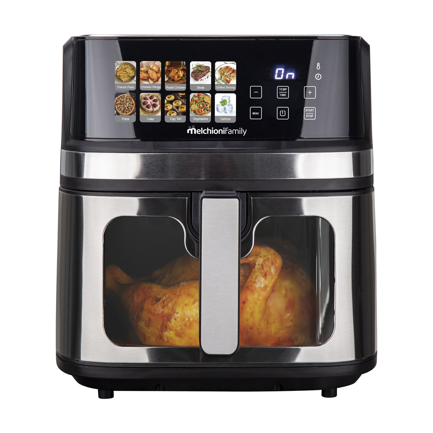 Una friggitrice ad aria con dentro un pollo arrosto intero. Ha un display digitale con opzioni di cottura. Il marchio è visibile.