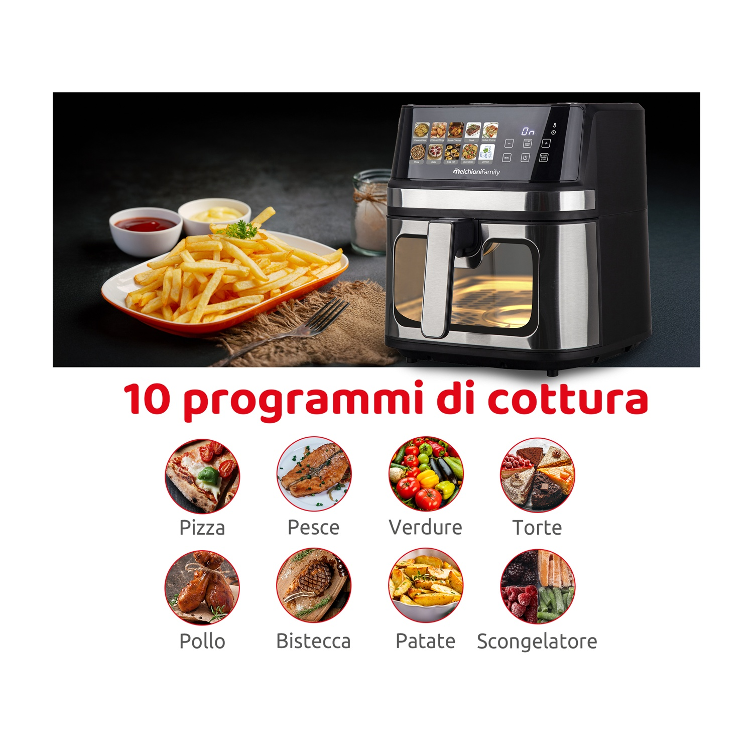 Una friggitrice ad aria con patatine fritte, salse e programmi di cottura. Include pizza, pesce, verdure, torta, pollo, bistecca, patate e scongelamento.