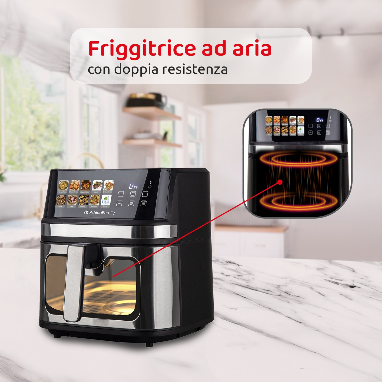 Una friggitrice ad aria su una superficie di marmo. Ha un display digitale che mostra le opzioni alimentari. Un diagramma mostra l'elemento riscaldante.