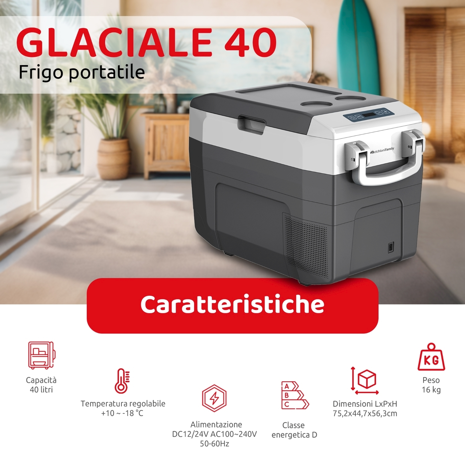 Frigorifero grigio portatile. Ha un top bianco con display digitale. Il testo dice Glaciale 40. Le caratteristiche includono temperatura e dimensioni.