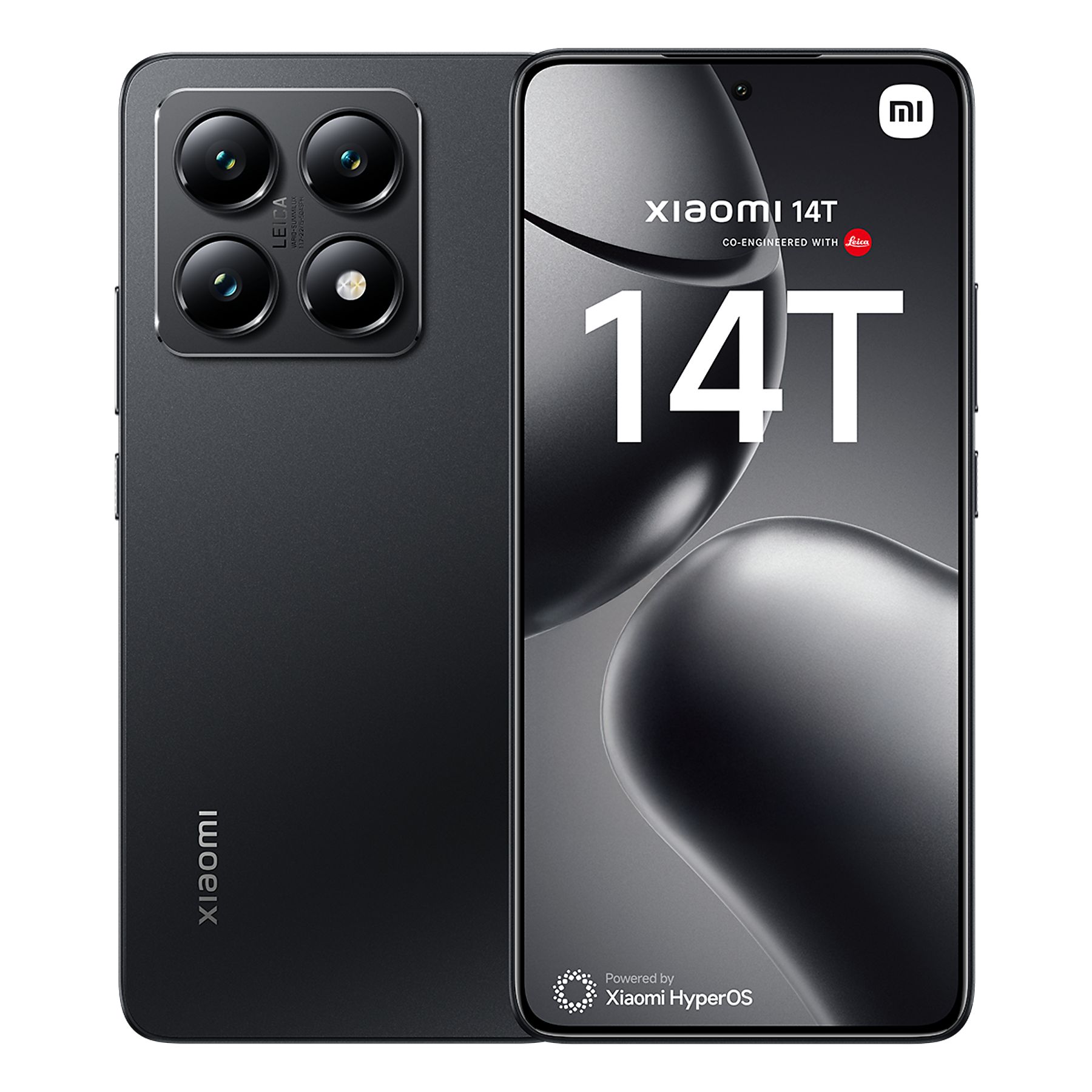 Smartphone negro Xiaomi 14T con cuatro cámaras traseras. La pantalla muestra el texto 14T y la marca Xiaomi.