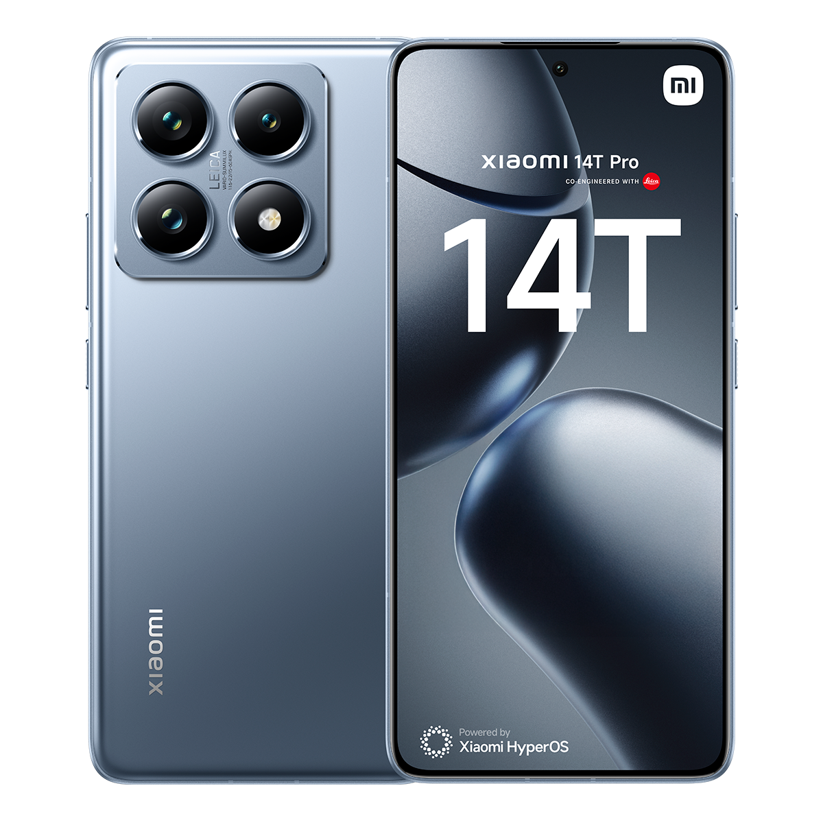 Un teléfono Xiaomi 14T Pro. El teléfono tiene una parte trasera gris con cuatro cámaras. La pantalla muestra el nombre y el logotipo del teléfono.