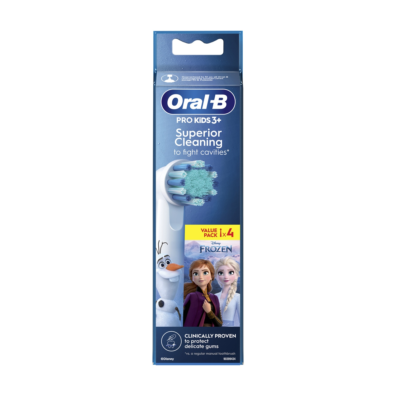 Una confezione di spazzolino Oral-B Pro Kids 3+. La confezione mostra uno spazzolino con setole blu e bianche e personaggi di Frozen.