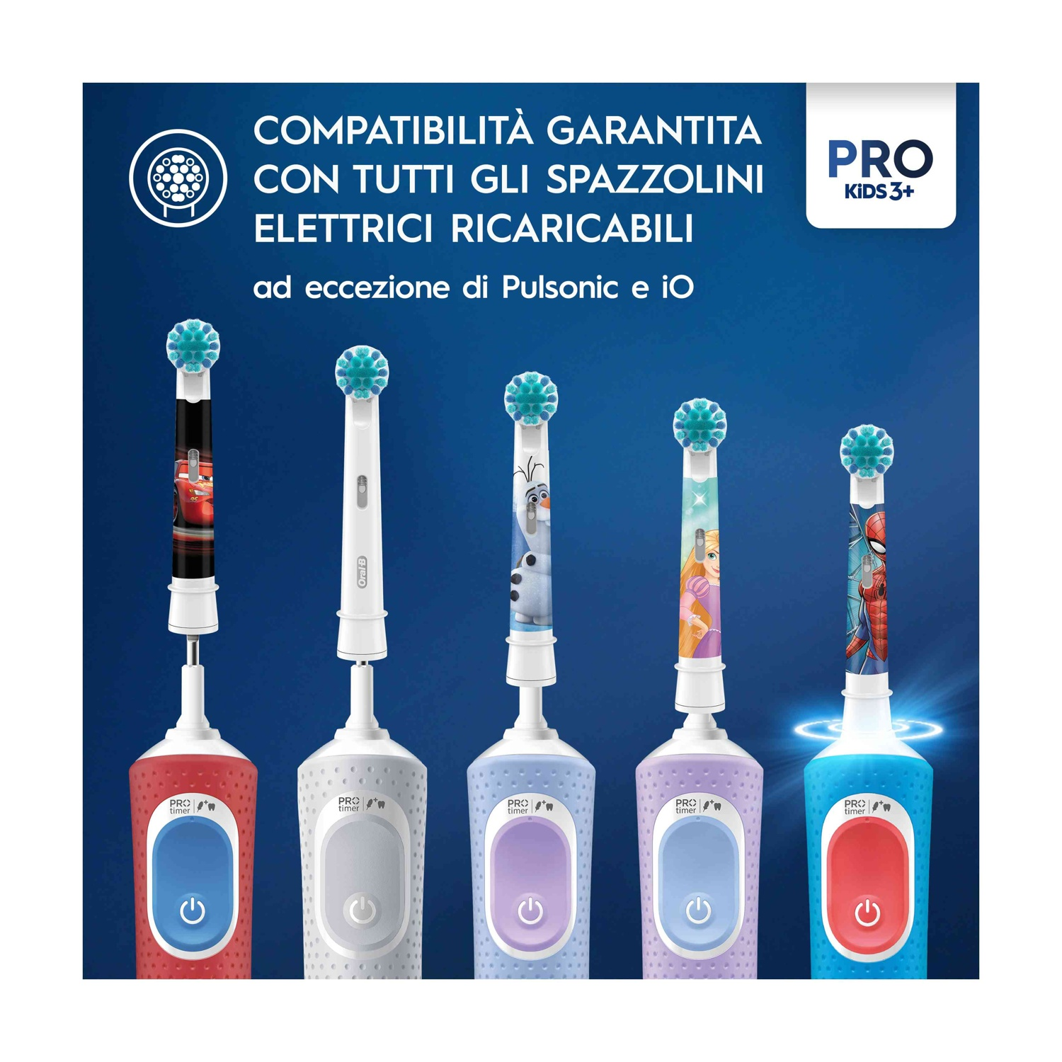 Un'immagine mostra cinque colorati spazzolini elettrici con disegni di personaggi. Il testo dice che sono compatibili con tutti gli spazzolini elettrici.