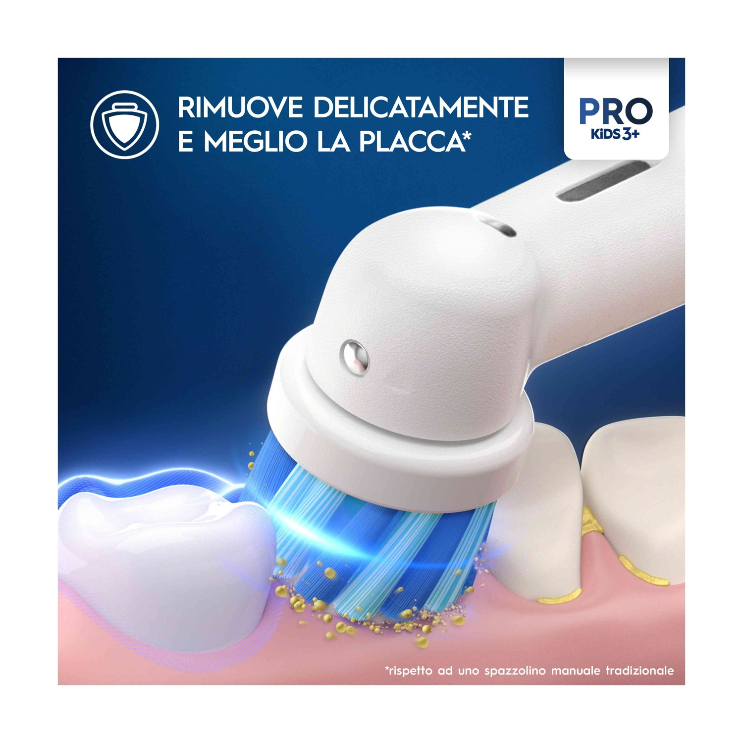 Spazzolino elettrico che pulisce i denti. Setole blu, denti bianchi, gengive rosa. Testo: Rimuove la placca. Pro Kids 3+.