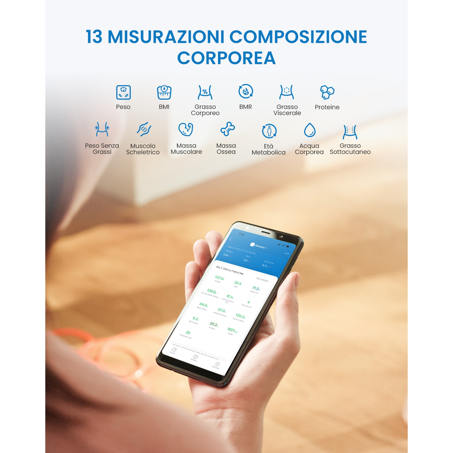 Una persona tiene in mano uno smartphone che mostra le metriche della composizione corporea. L'immagine ha del testo in alto e icone che rappresentano le misurazioni del corpo.