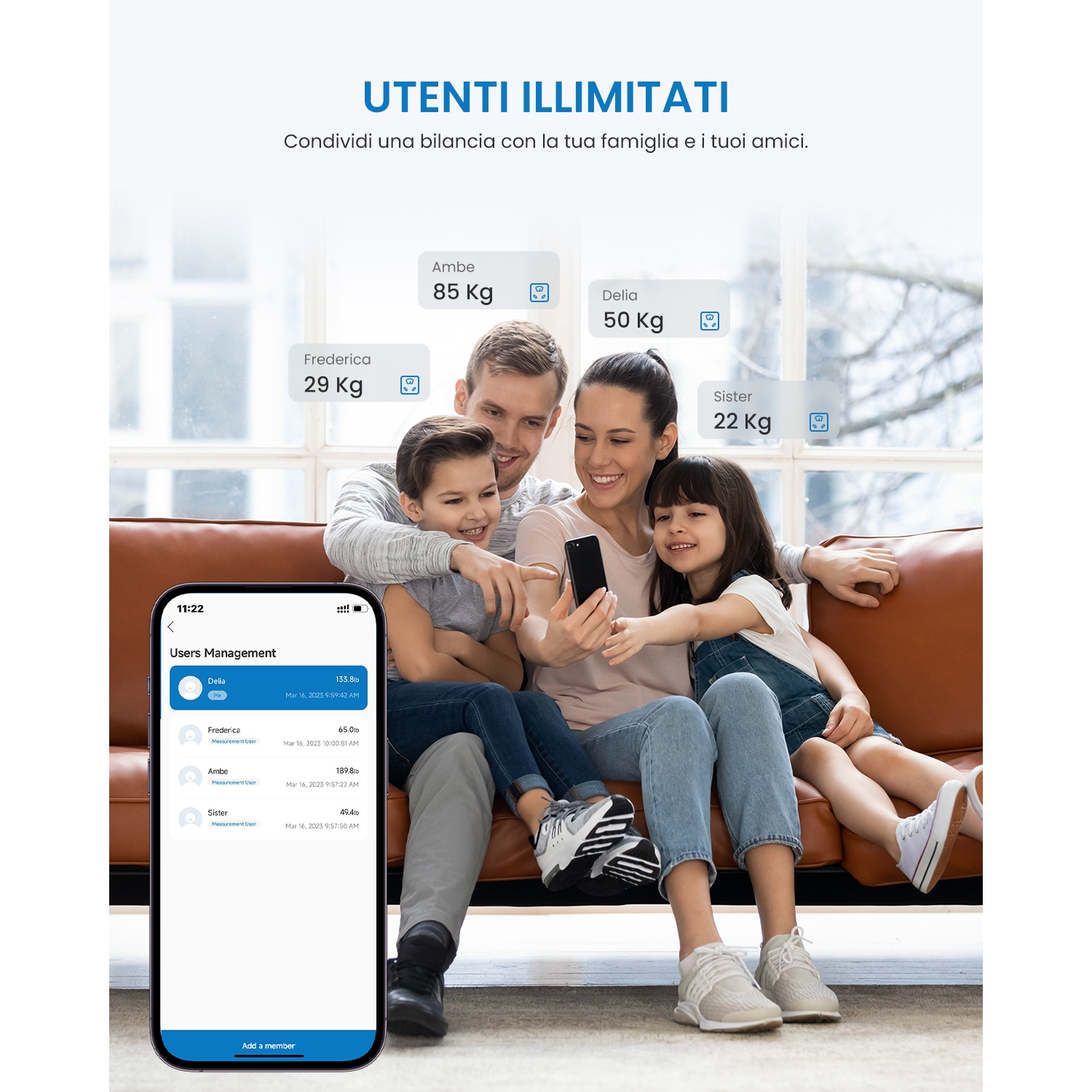 Una famiglia di quattro persone fa un selfie. Un'app mobile mostra i dati sul peso. Il testo indica utenti illimitati per una bilancia.