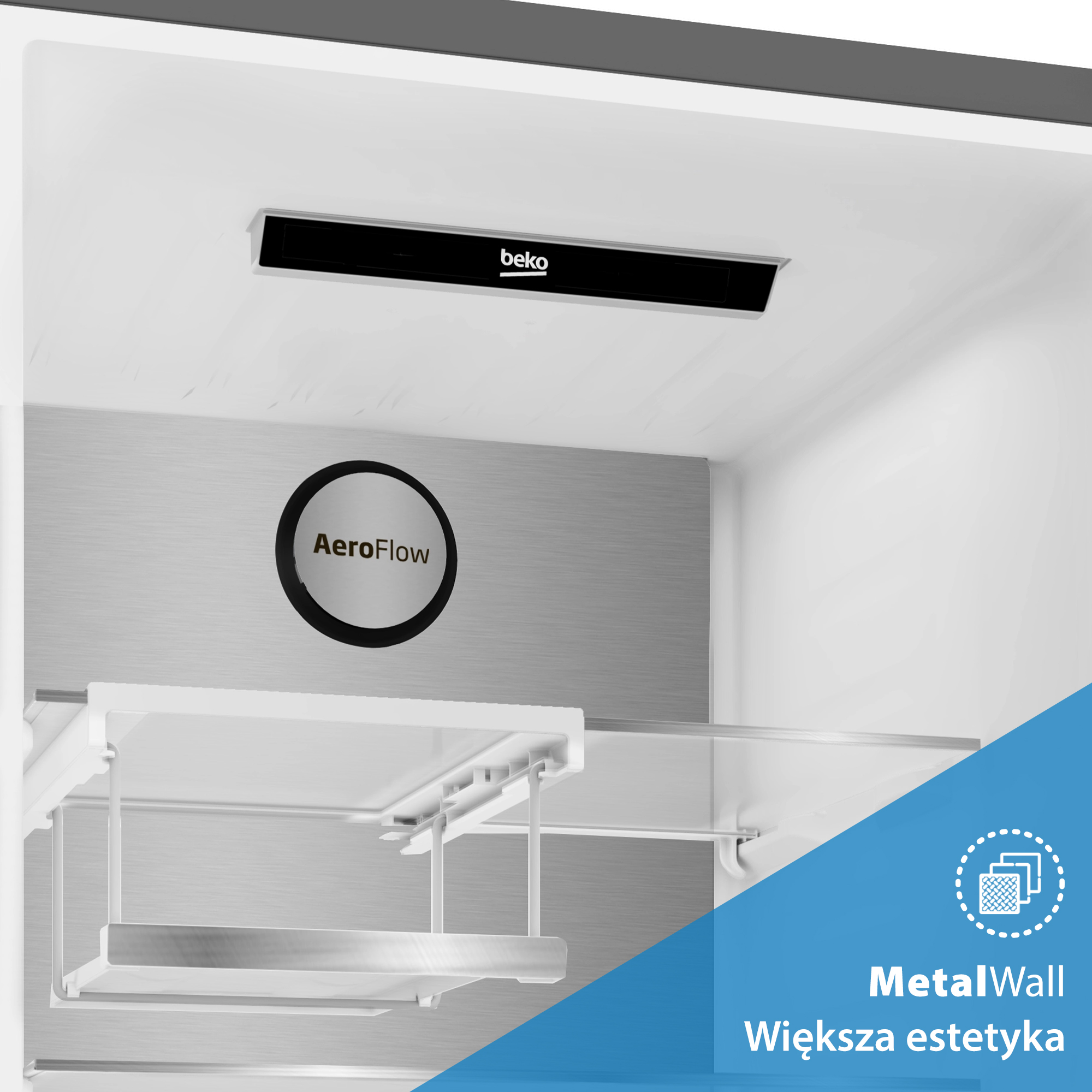 Wnętrze lodówki. Zawiera półkę, logo AeroFlow i etykietę MetalWall. Widoczne logo Beko. Głównie białe i szare.