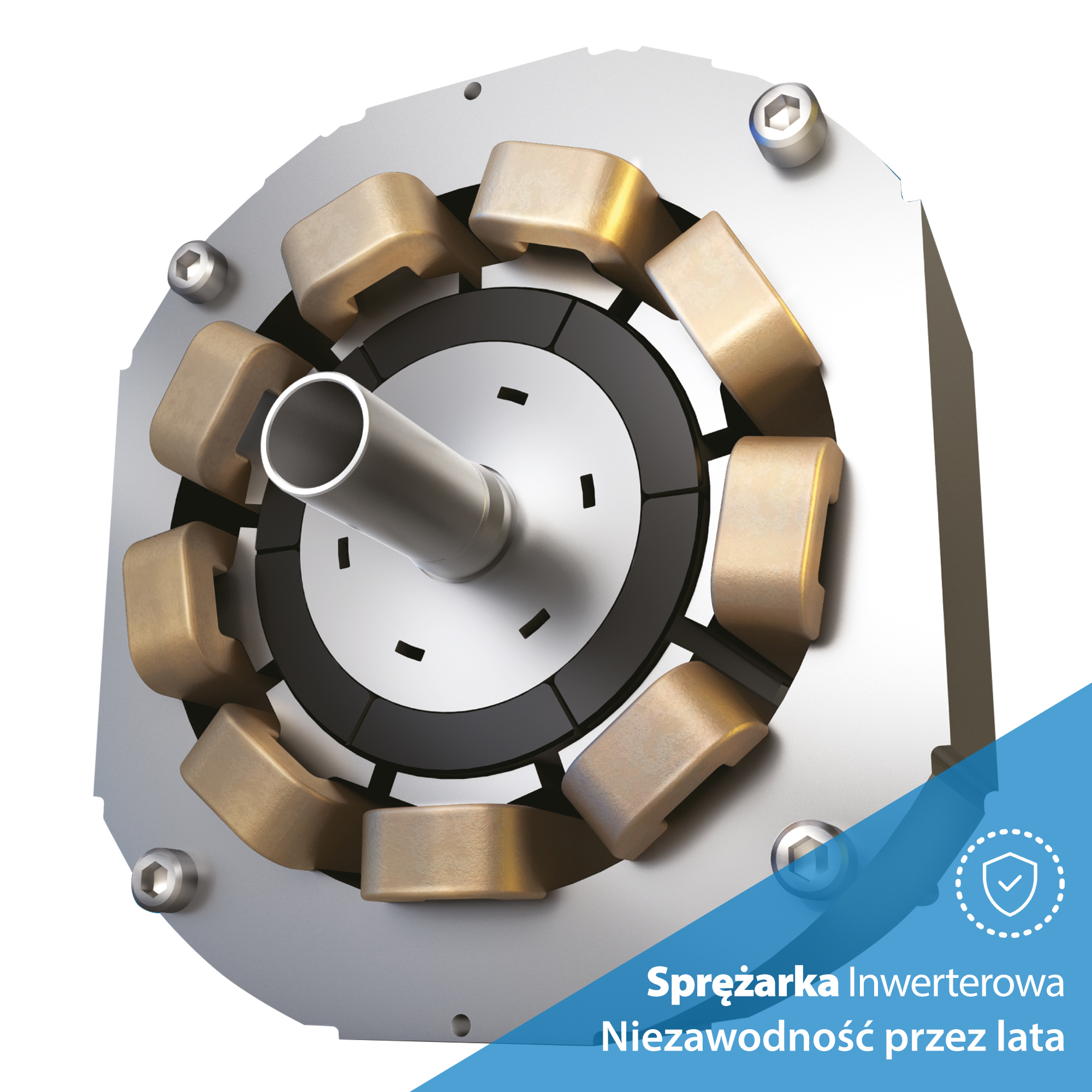 Metalowa sprężarka ze złotymi elementami, śrubami i centralnym cylindrem. Niezawodność sprężarki inwerterowej.