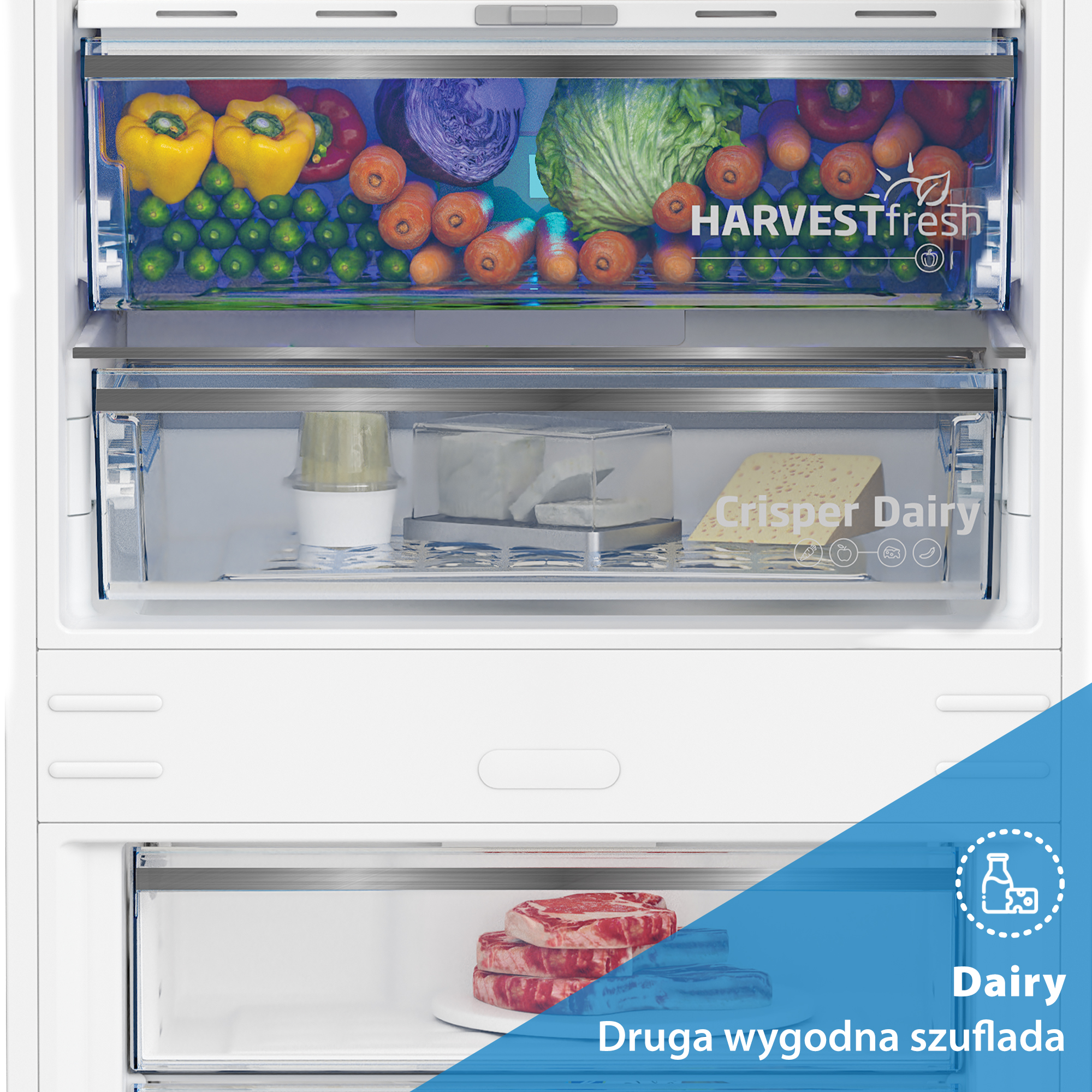 Wnętrze lodówki z warzywami, mięsem i nabiałem. Górna szuflada ma świeże produkty. Środkowa szuflada ma ser. Dolna szuflada ma mięso.