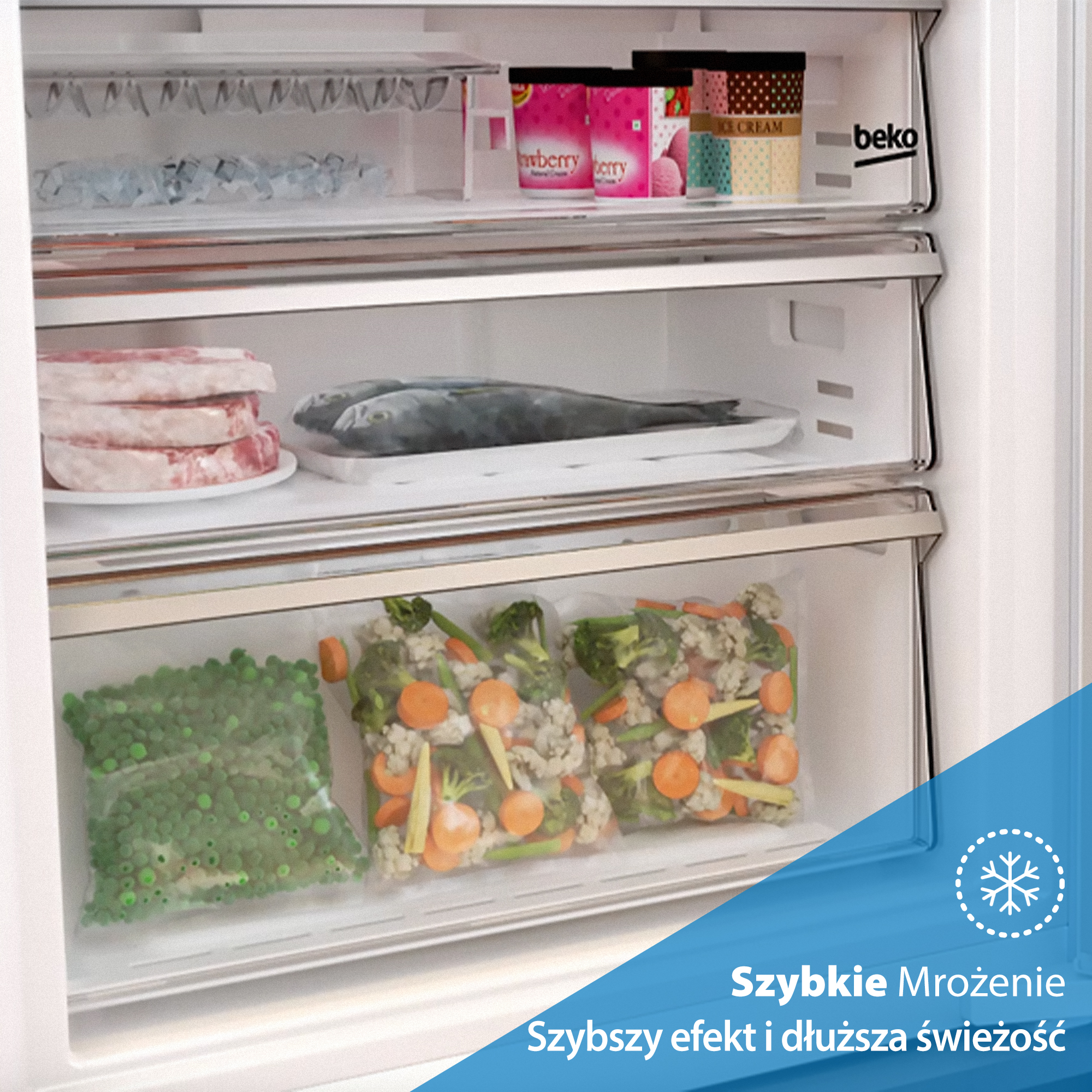 Wewnątrz zamrażarki Beko. Lody, mięso, ryby i warzywa są przechowywane w różnych przegródkach. Zamrażarka reklamuje szybkie zamrażanie.
