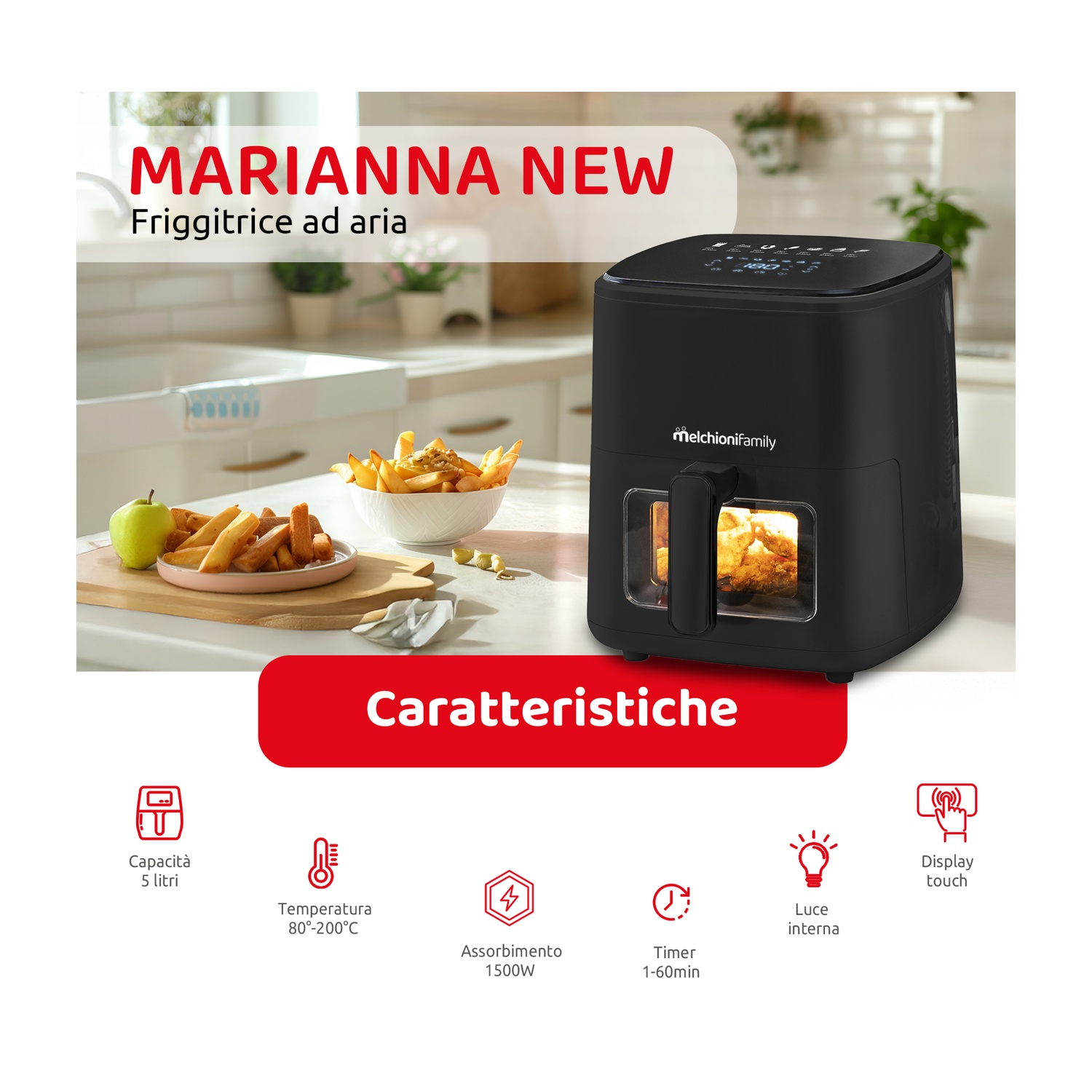 Una friggitrice ad aria nera con patatine fritte e una mela. Il testo recita 'MARIANNA NEW' e 'Friggitrice ad aria'.