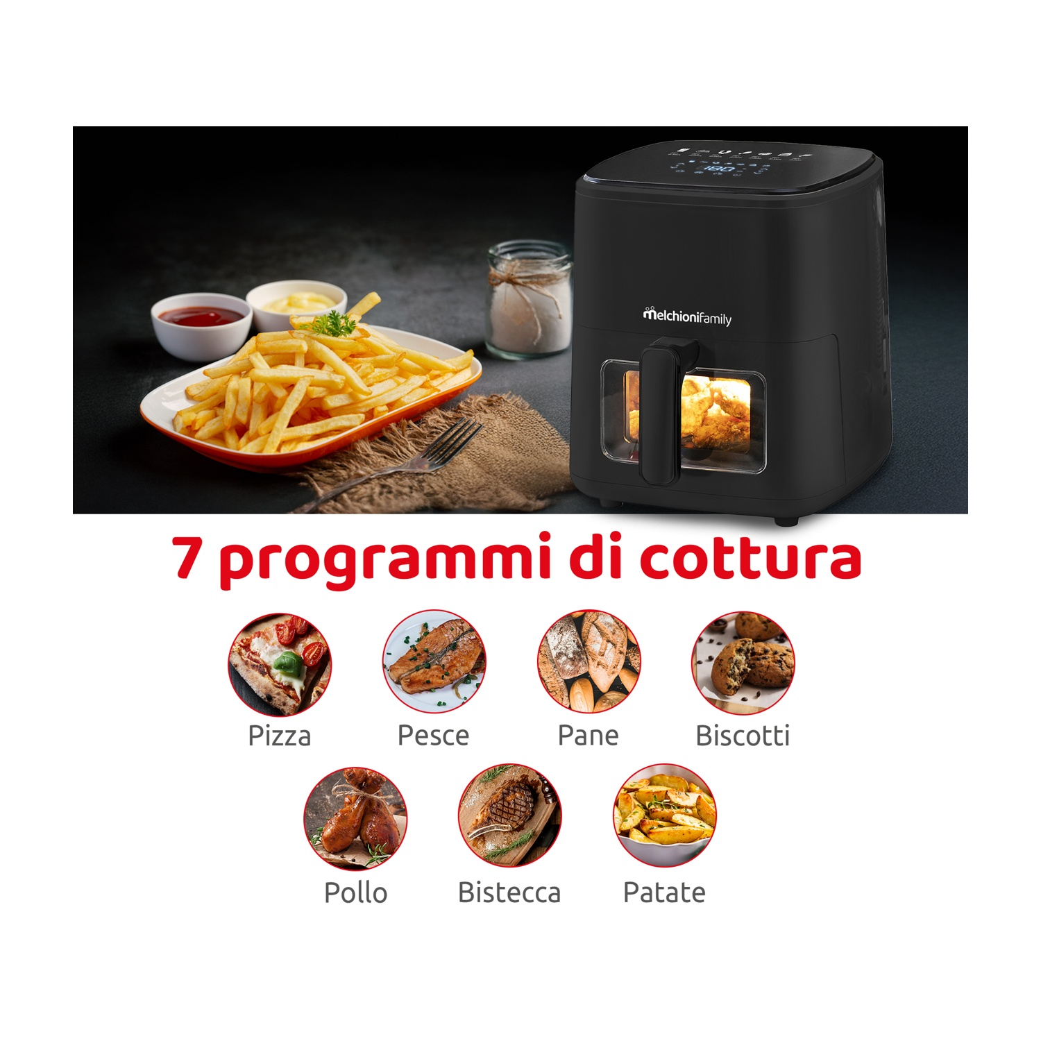 Una friggitrice ad aria con icone di cibo e patatine fritte. Include pizza, pesce, pane, biscotti, pollo, bistecca e patate.