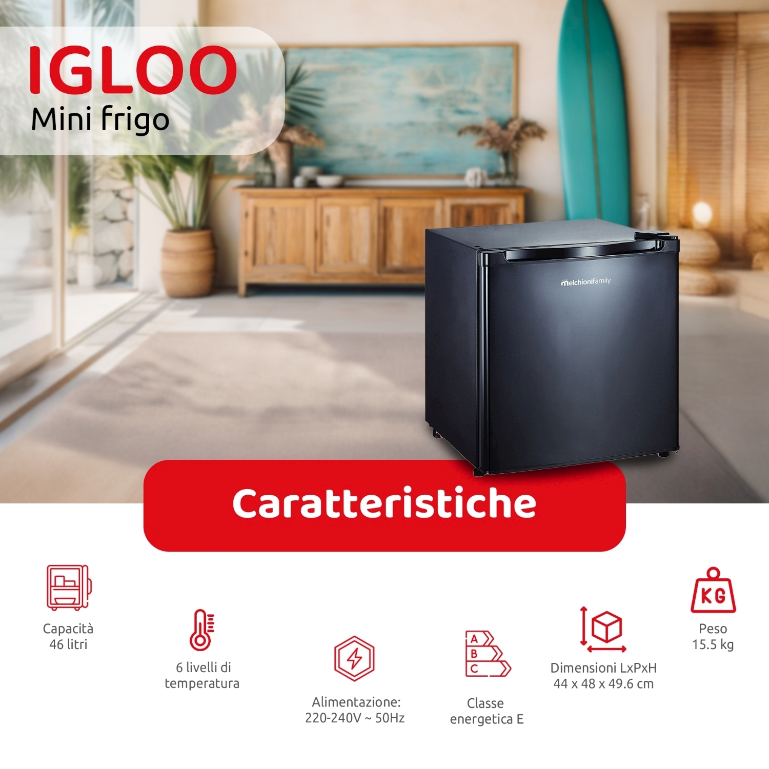 Un mini-frigo nero con il marchio IGLOO. L'immagine mostra dettagli come capacità, livelli di temperatura, dimensioni e classe energetica.