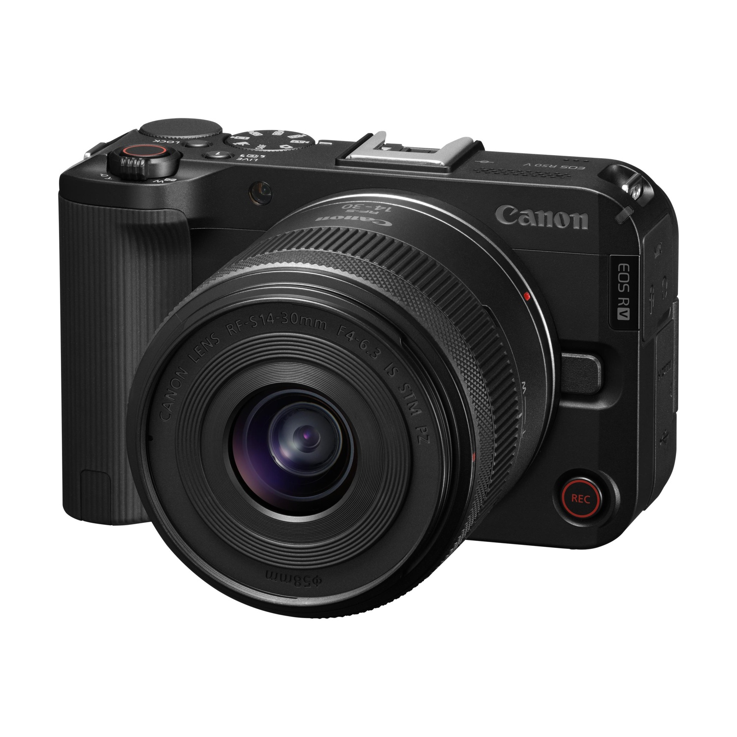 Una fotocamera Canon EOS R50 V nera con obiettivo. L'obiettivo presenta iscrizioni. La fotocamera ha un pulsante REC rosso.