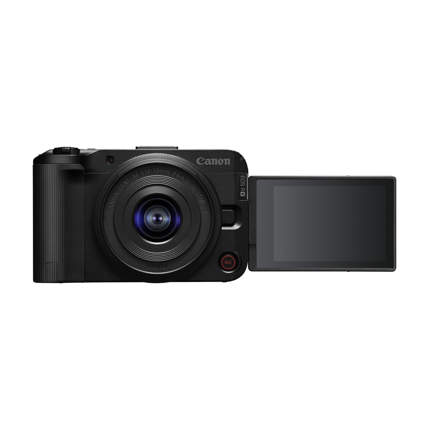Una fotocamera Canon EOS RV nera con schermo aperto. Ha un obiettivo, il pulsante REC e il logo Canon.